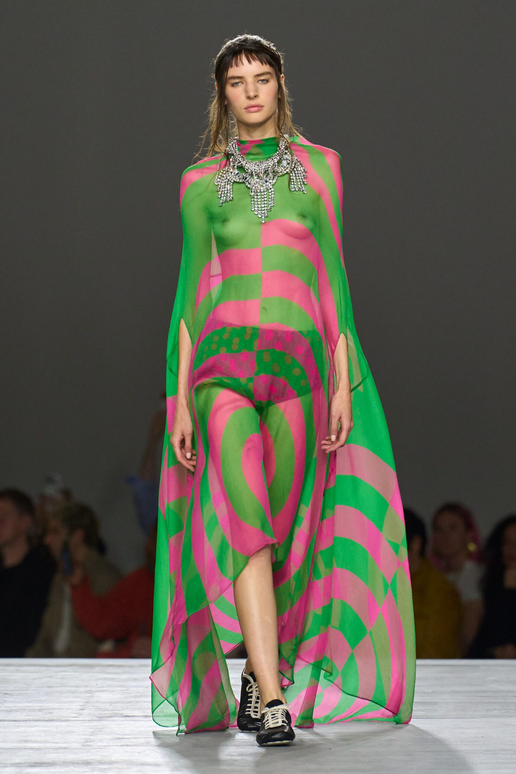green silk sleeveless relaxed printed flowing cape
