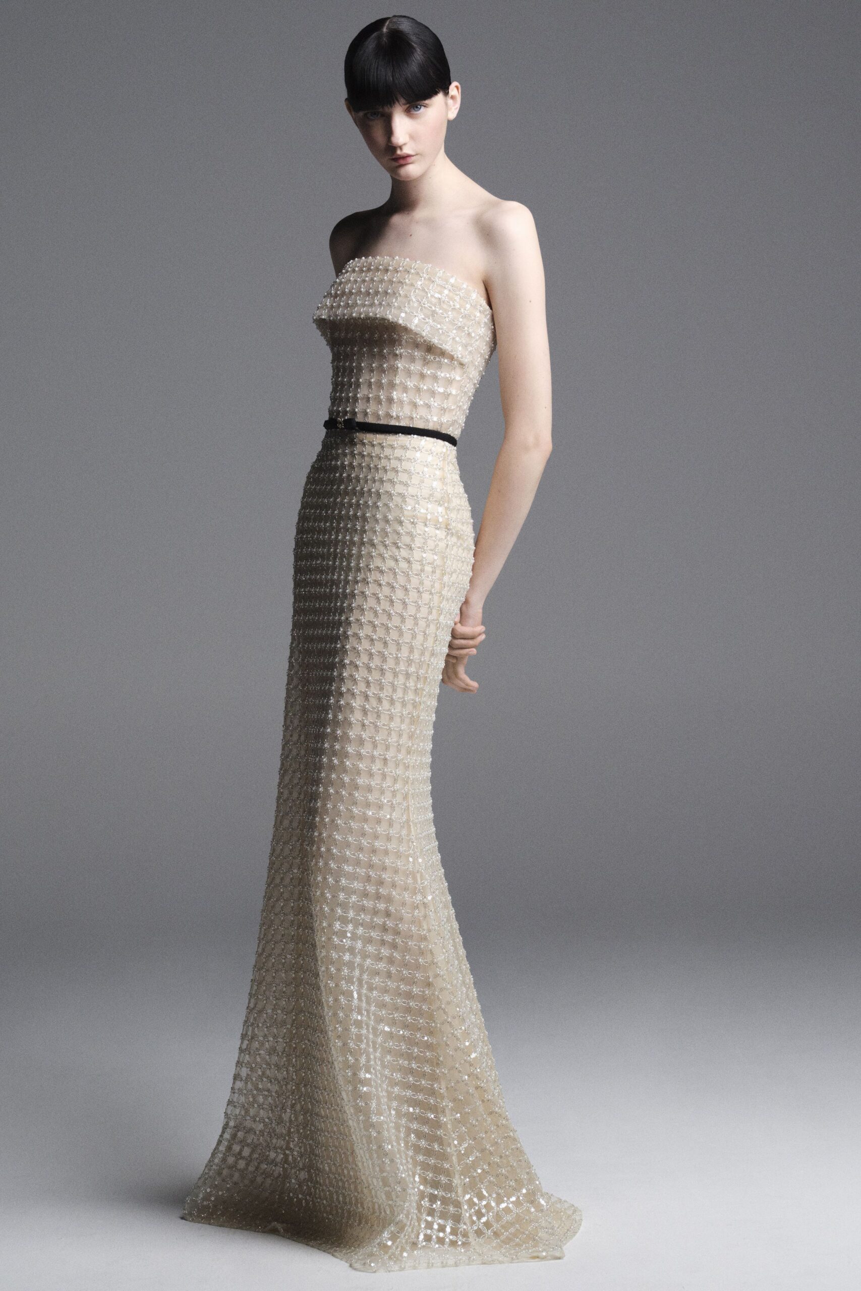 champagne silk strapless gown