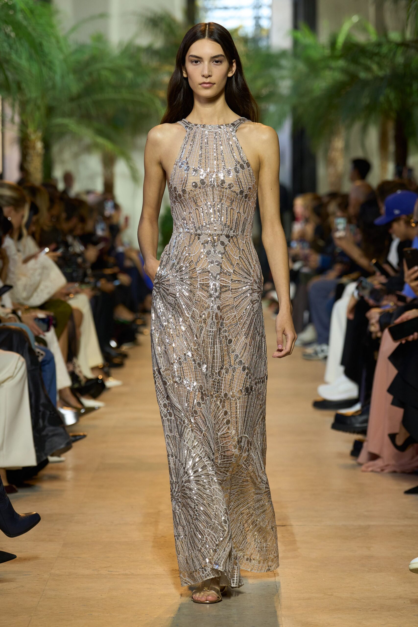clear silk sleeveless high-neck fitted sequined draped gown