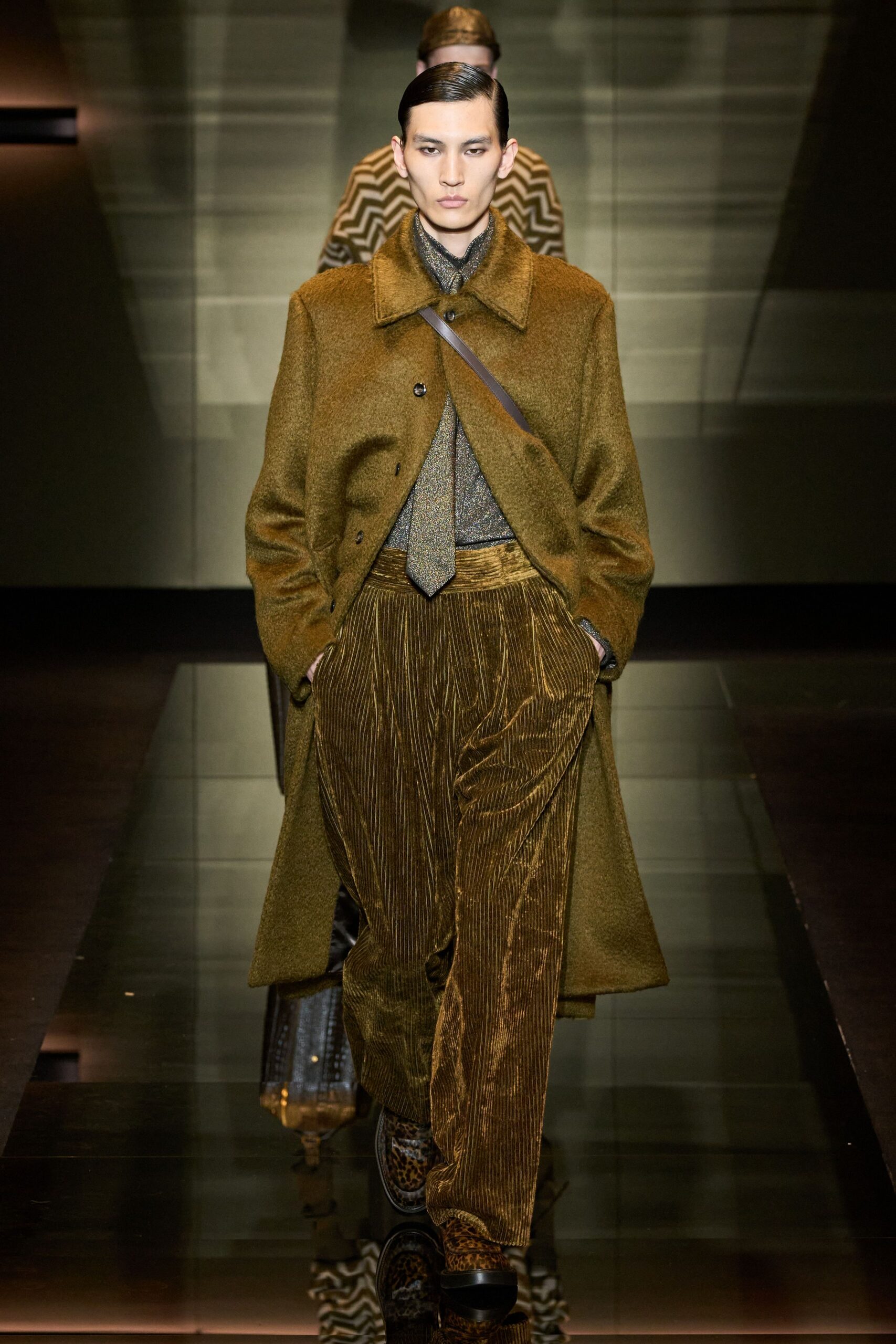 brown wool coat with tailored pants