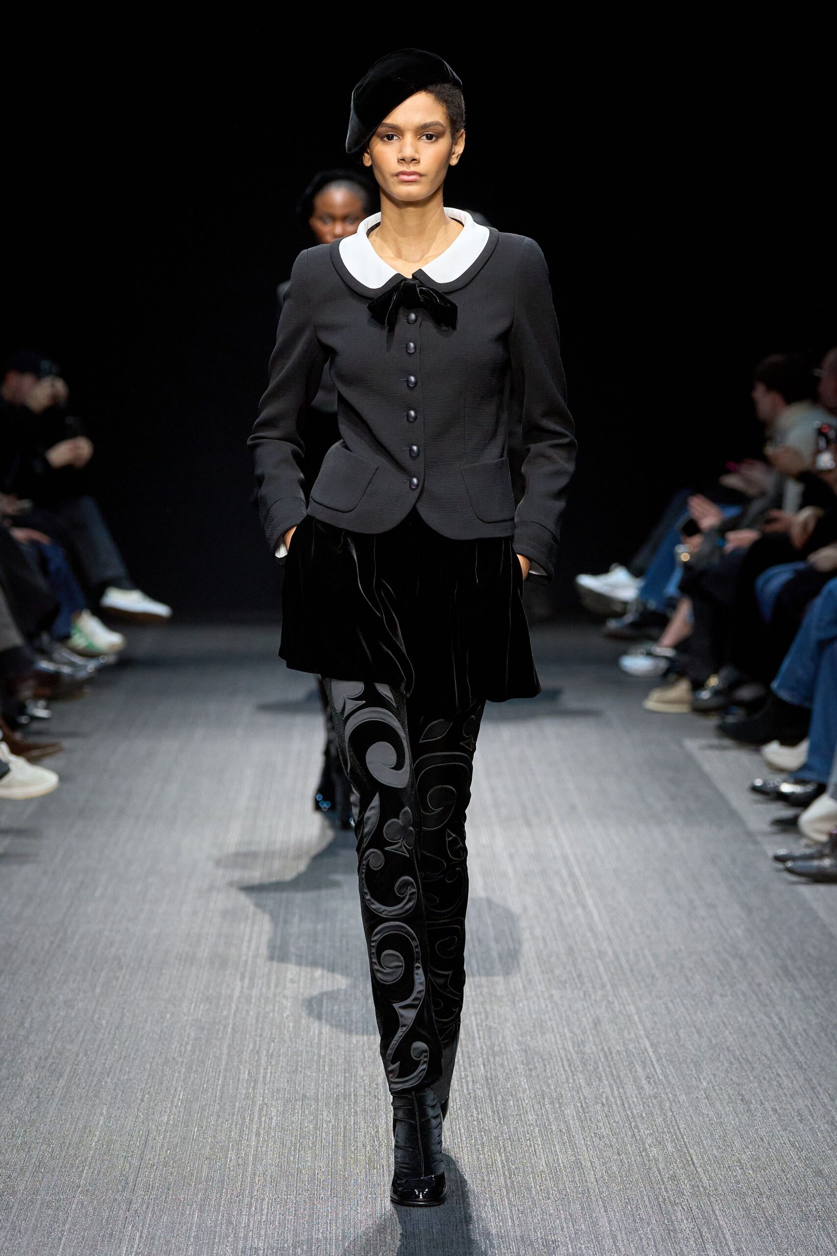 black tailored blazer with mini skirt