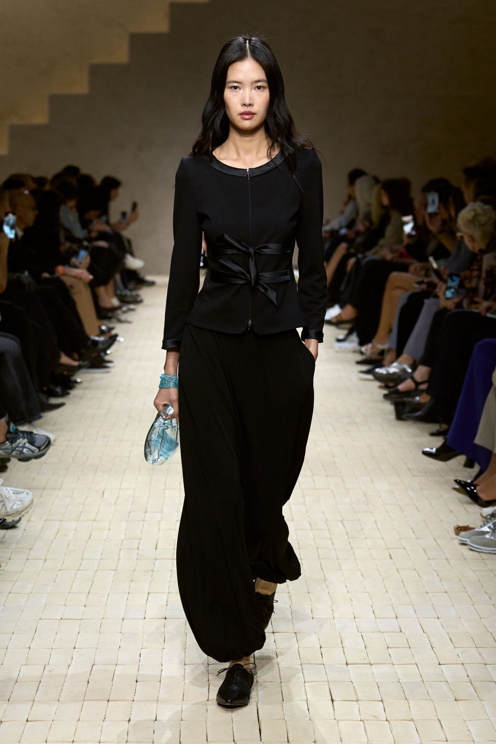 black fitted blazer with wide-leg pants