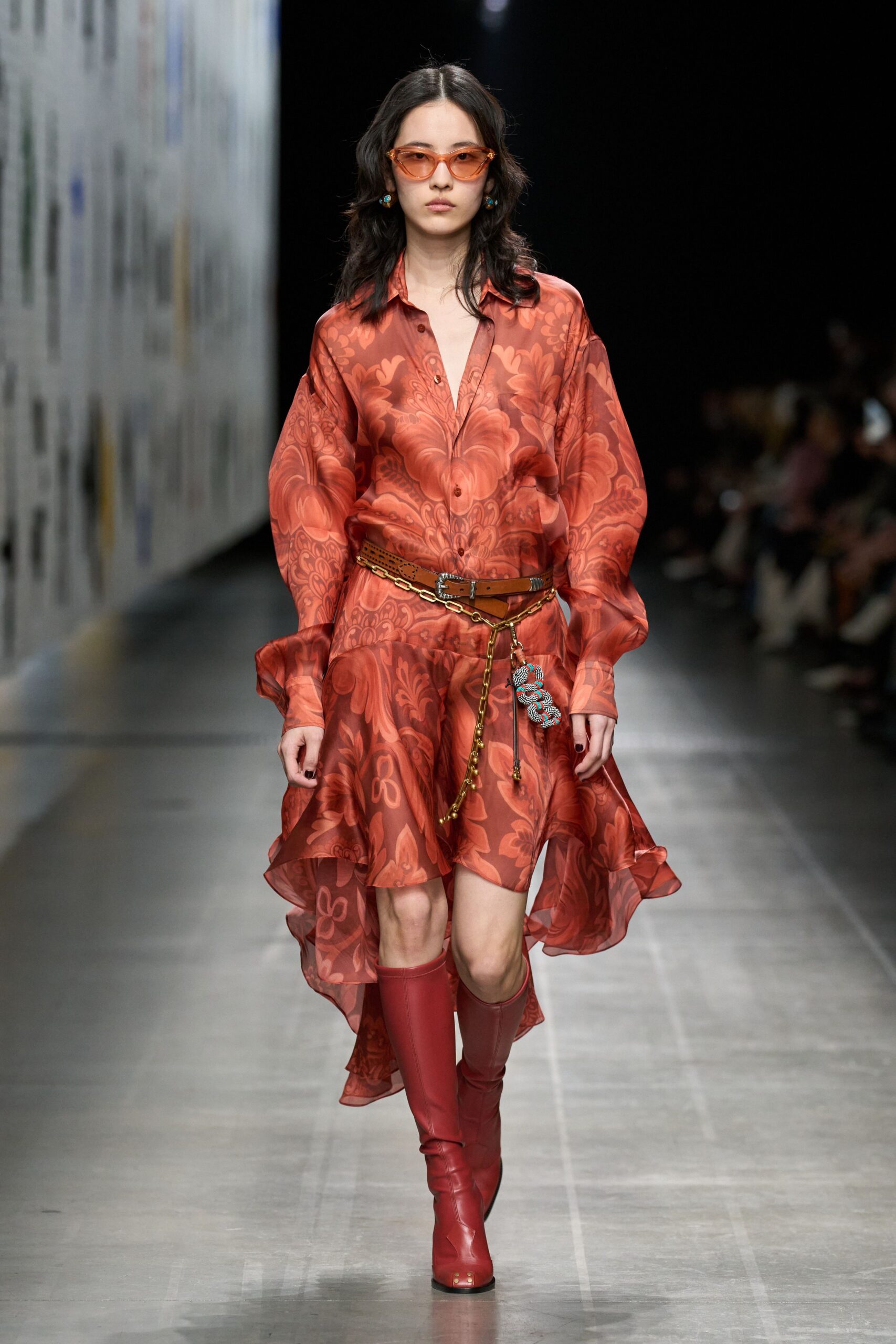 red chiffon long-sleeve collared relaxed floral draped dress