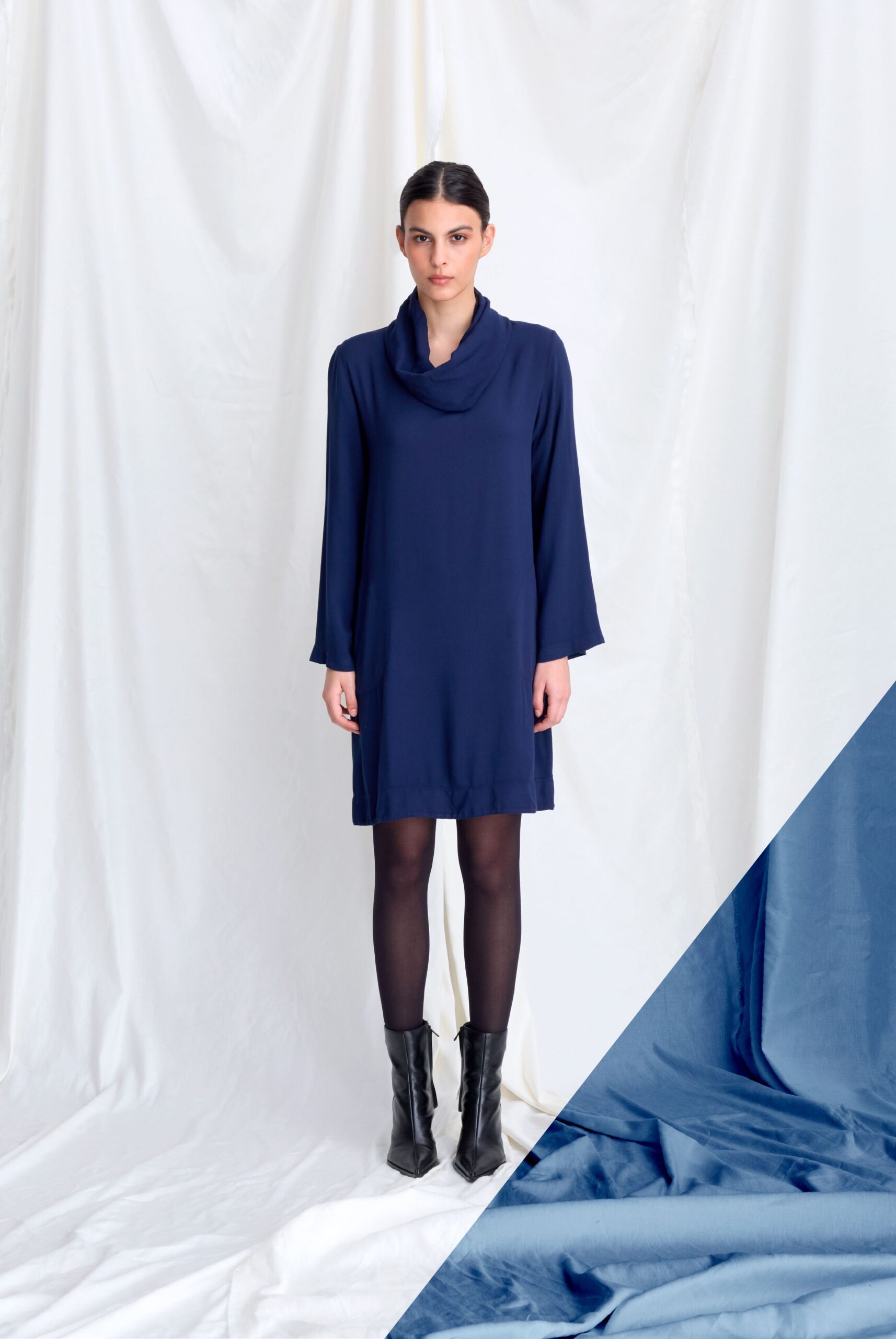 blue silk long-sleeve v-neck relaxed short dress