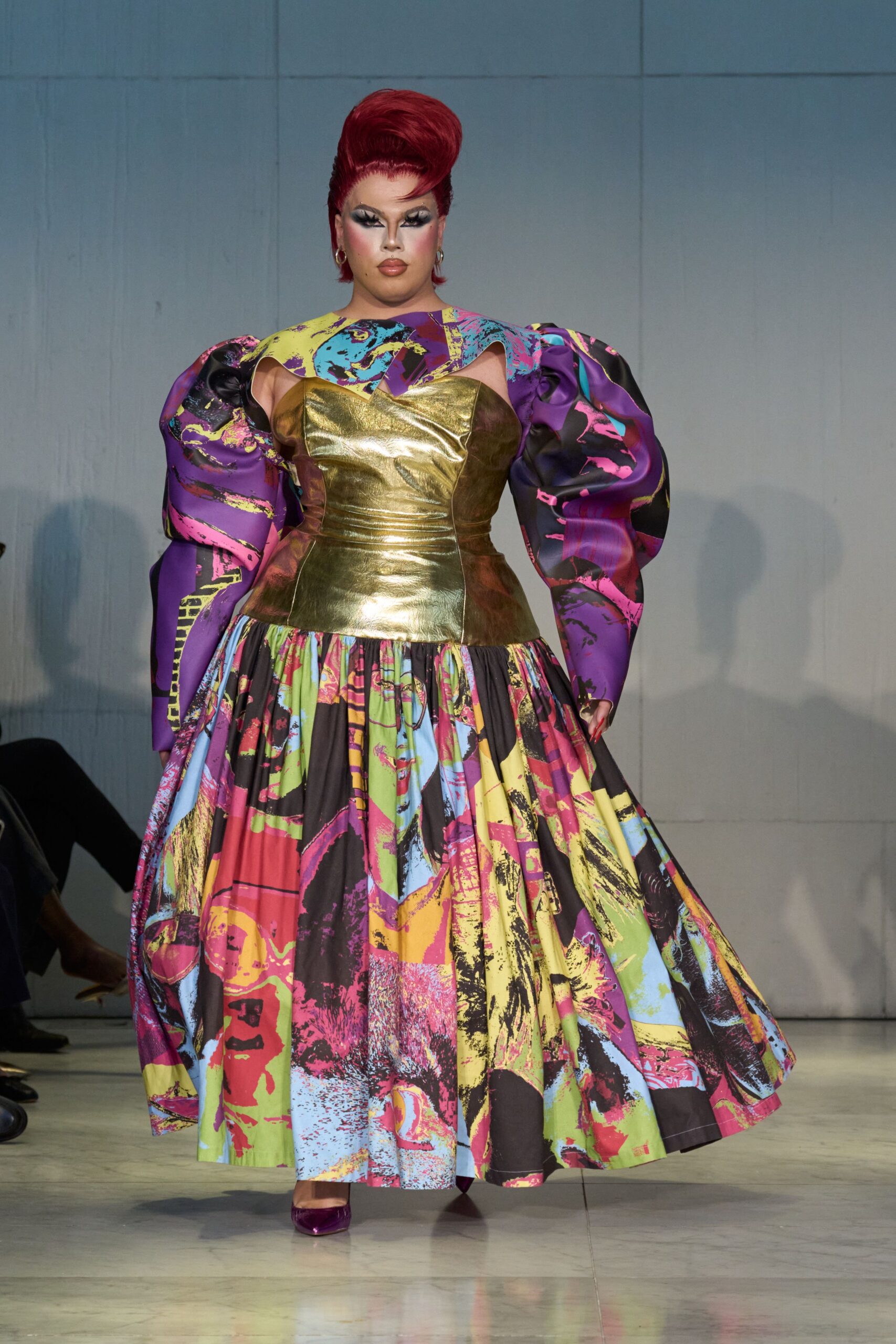 gold and multi-colored midi dress
