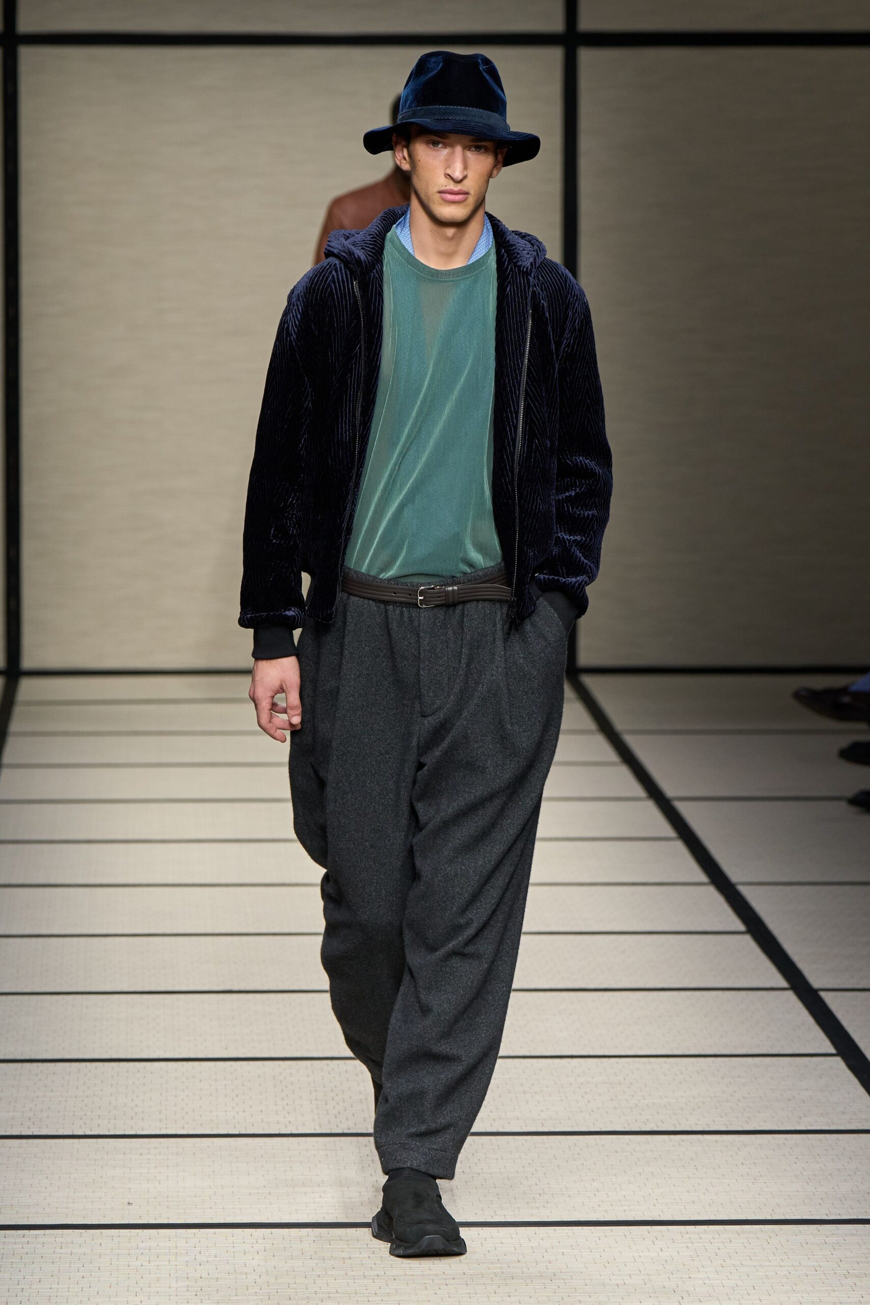 blue velvet jacket green top gray pants