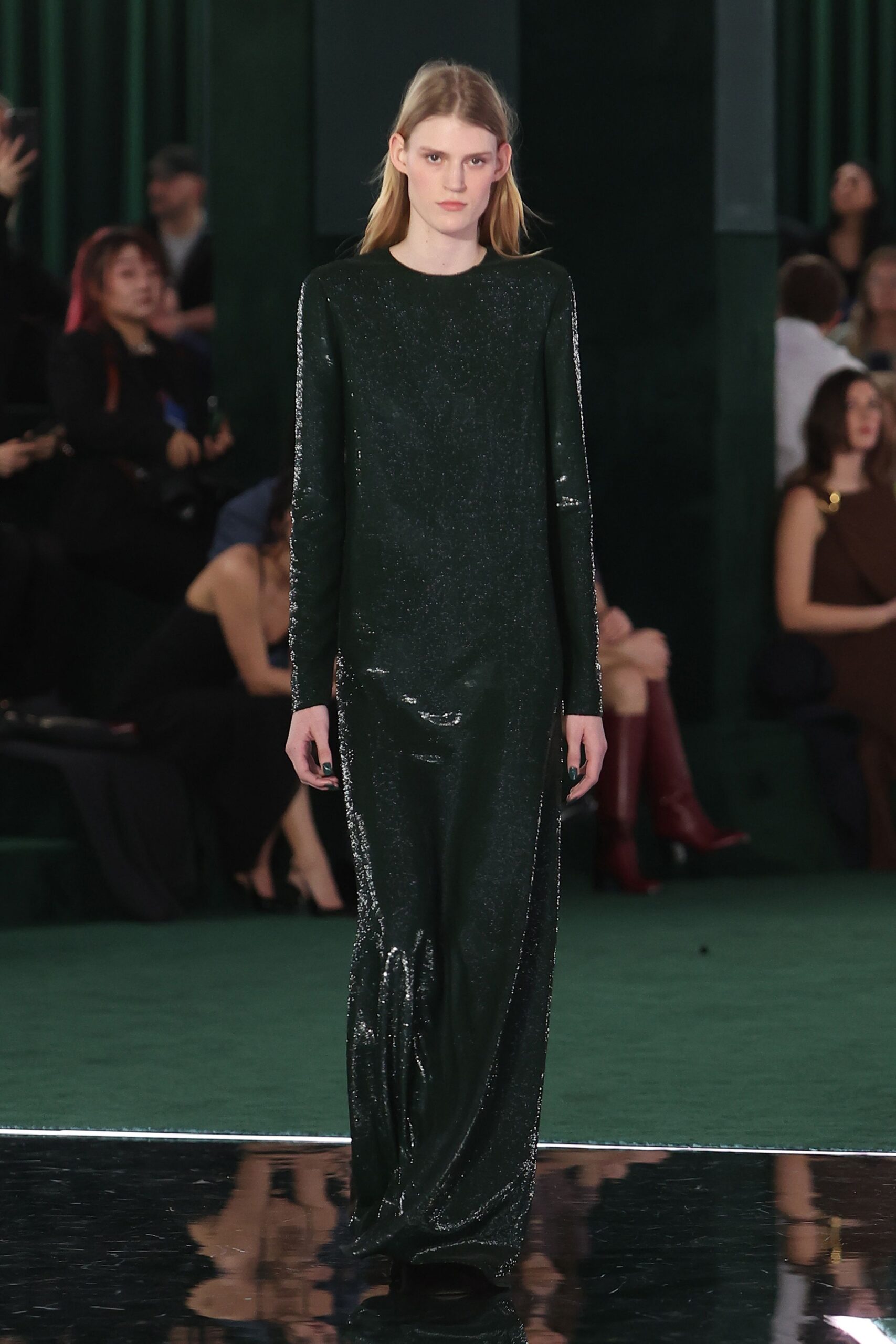 green sequined long-sleeve gown