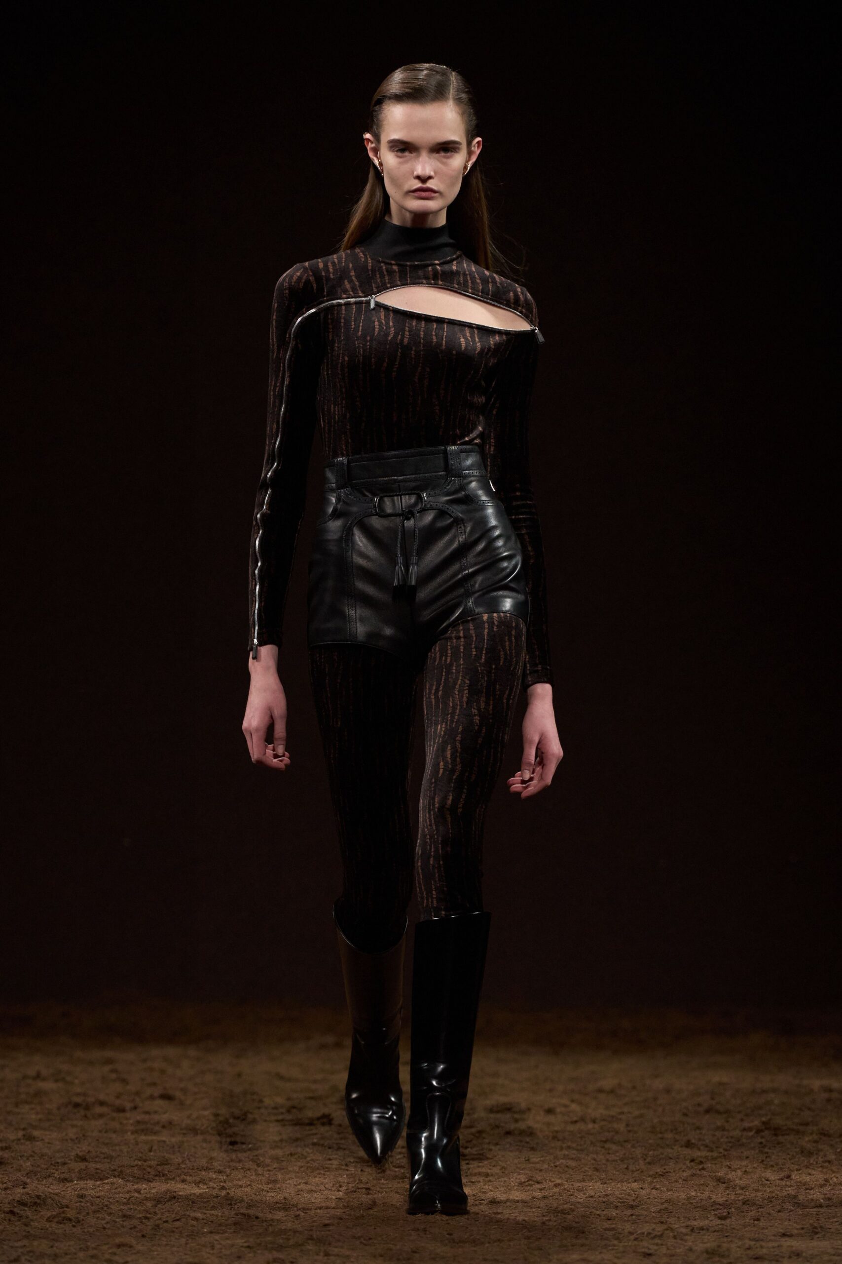black vinyl long-sleeve high-neck fitted zippered catsuit