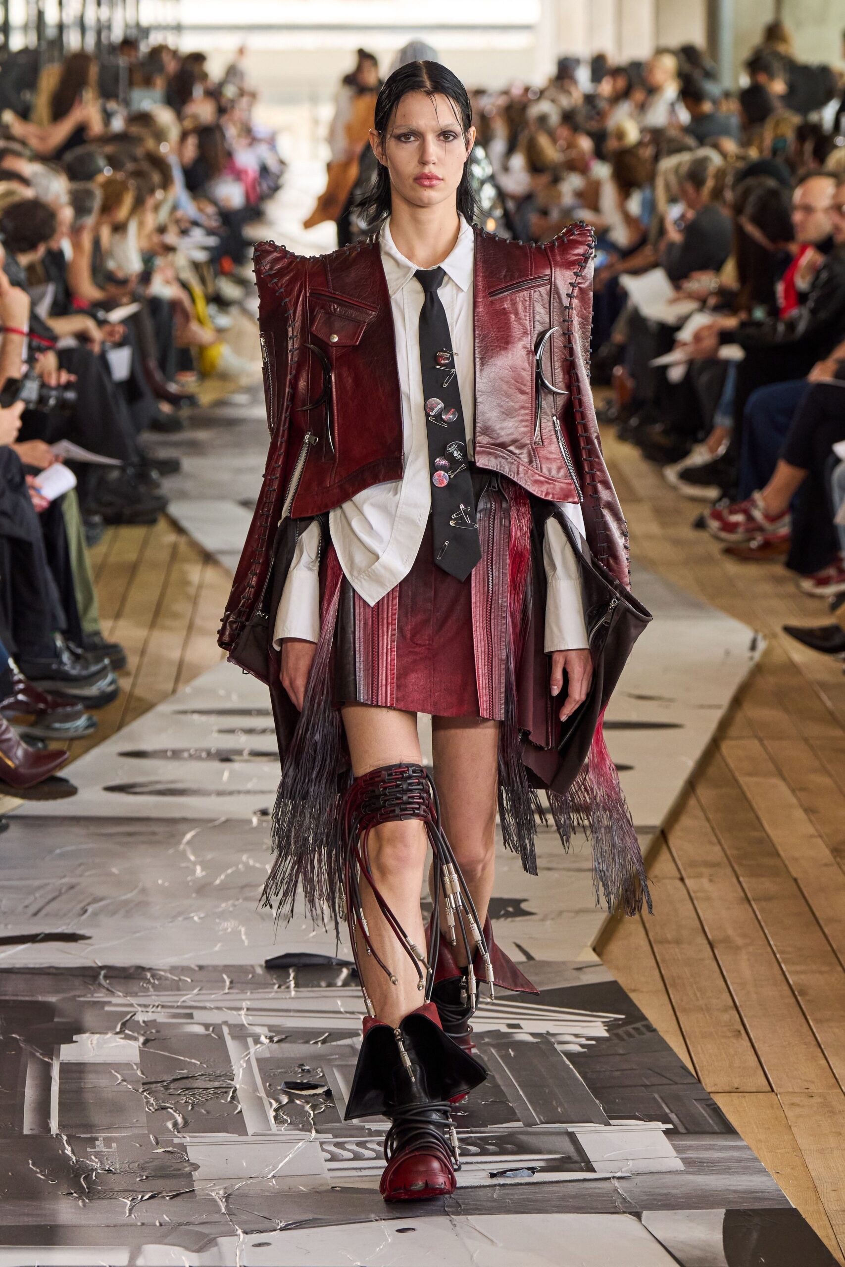 red leather long-sleeve collared structured fringed zippered jacket