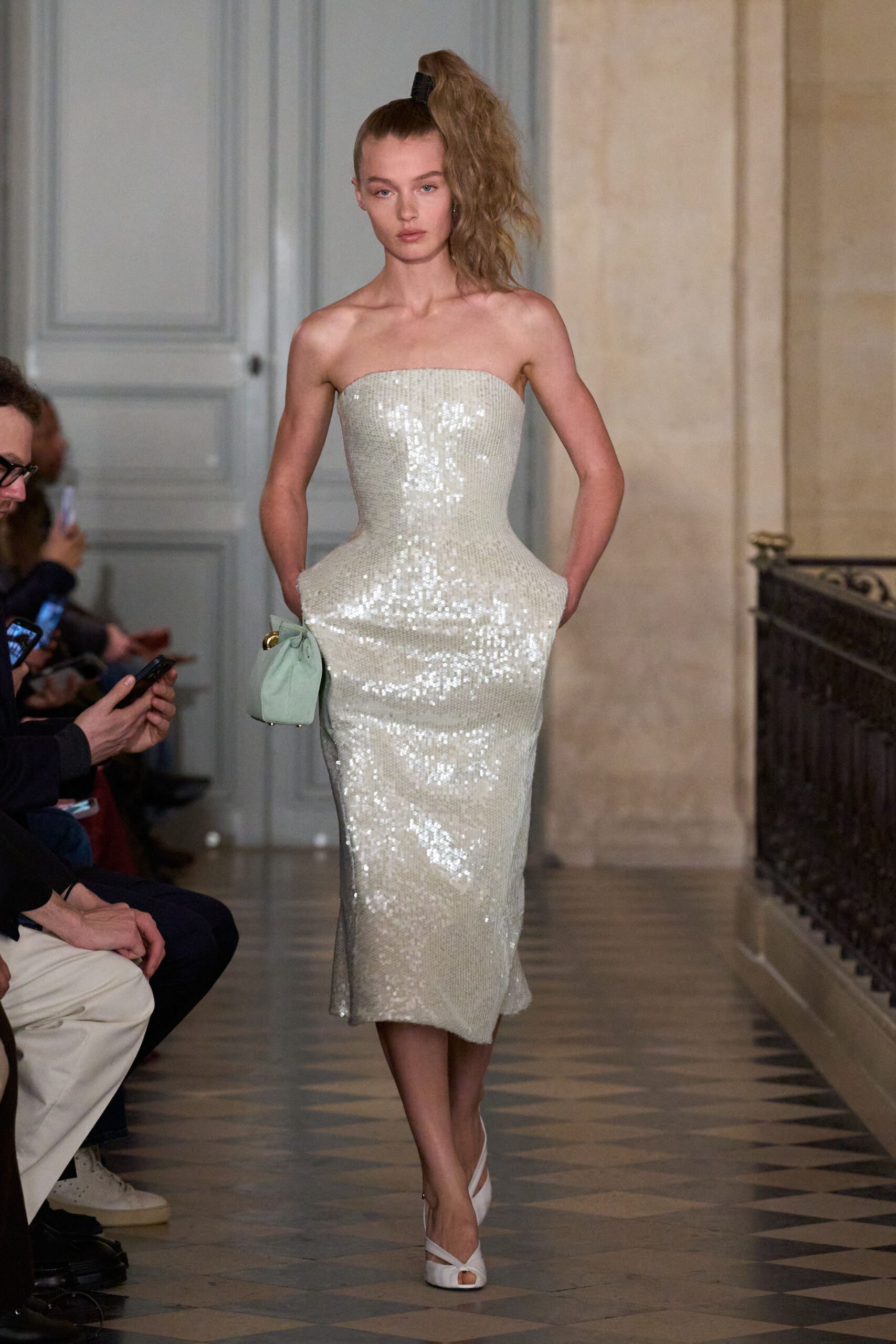 white sequin strapless gown