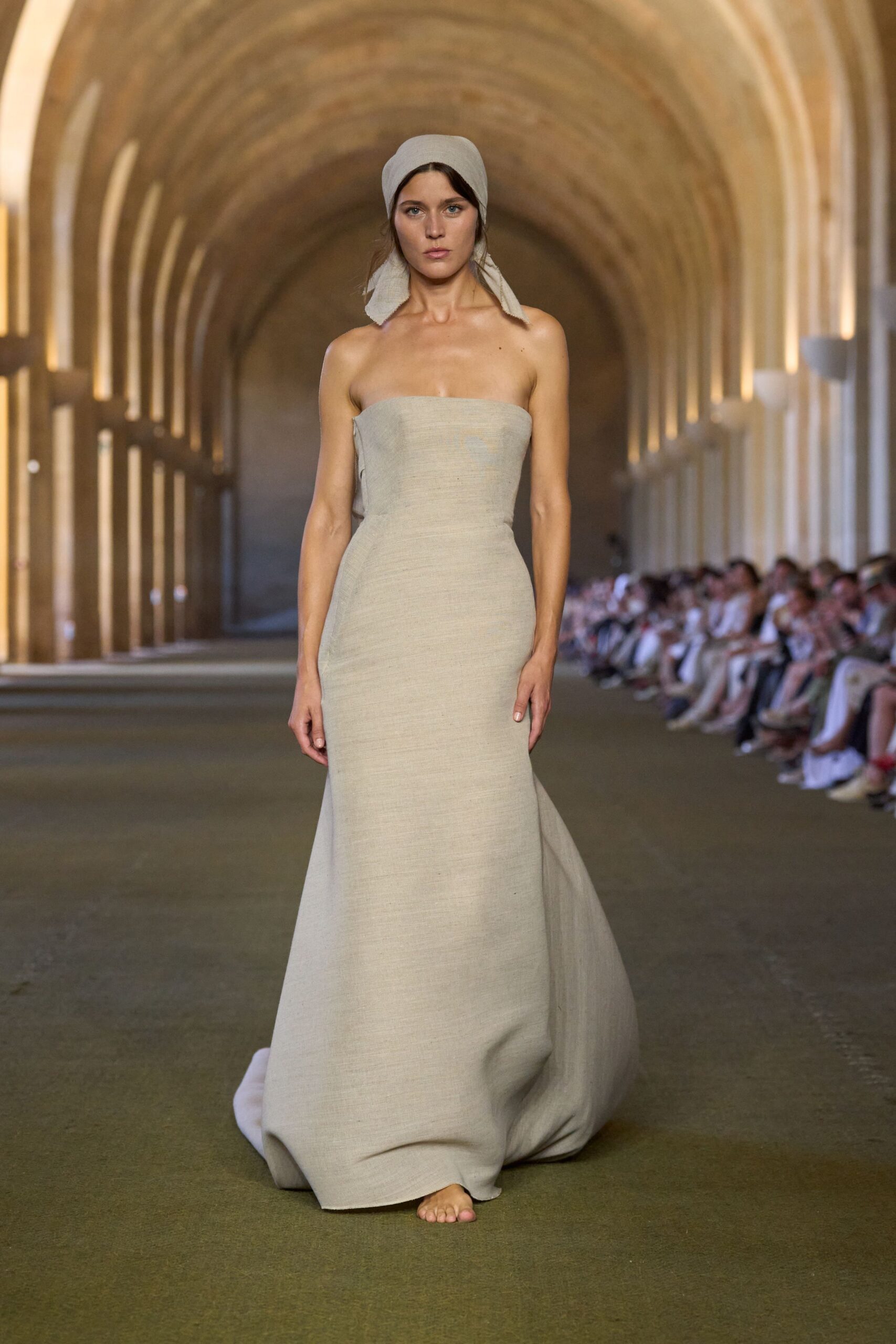 beige strapless fitted gown