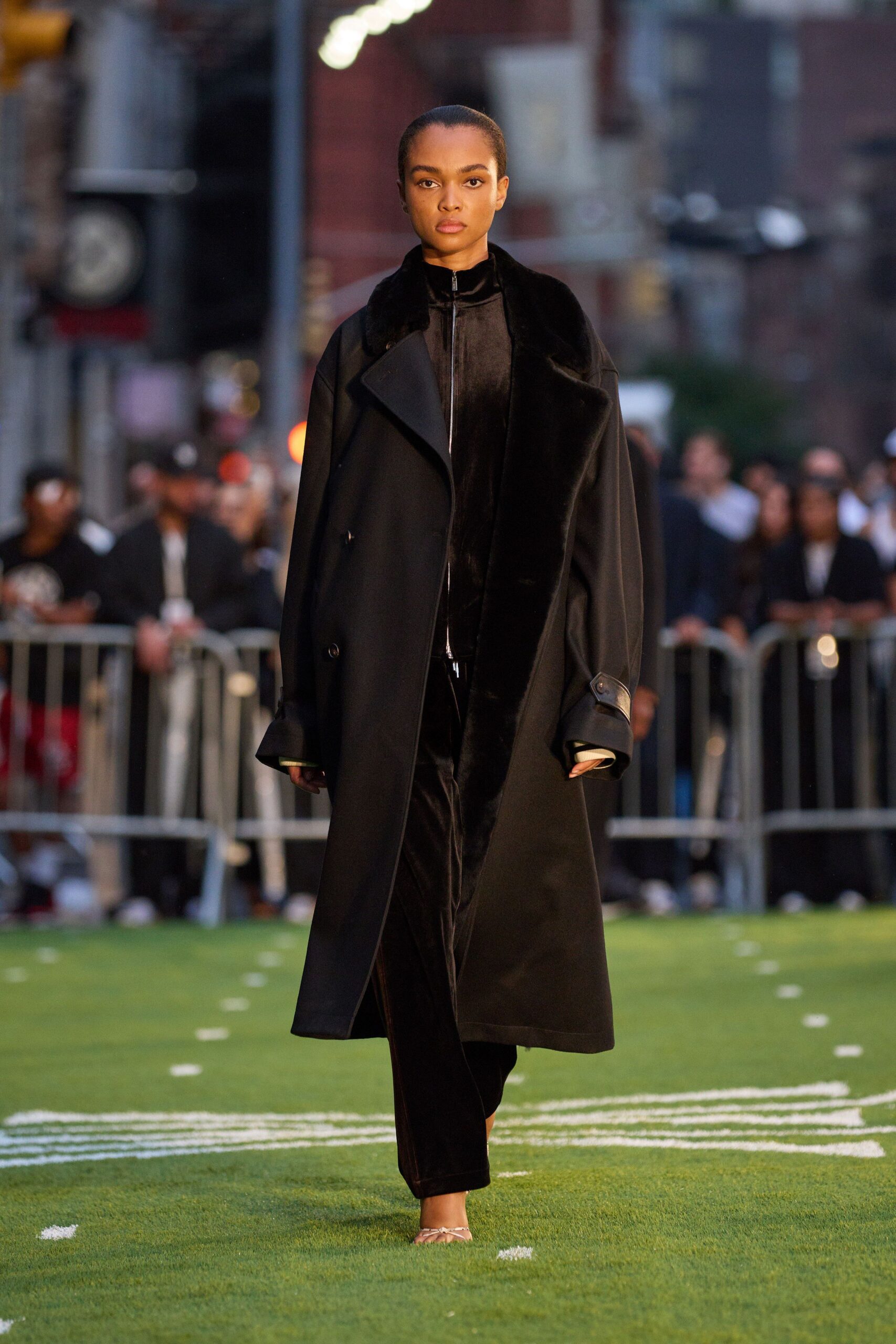 black velvet long-sleeve high-neck fitted jumpsuit