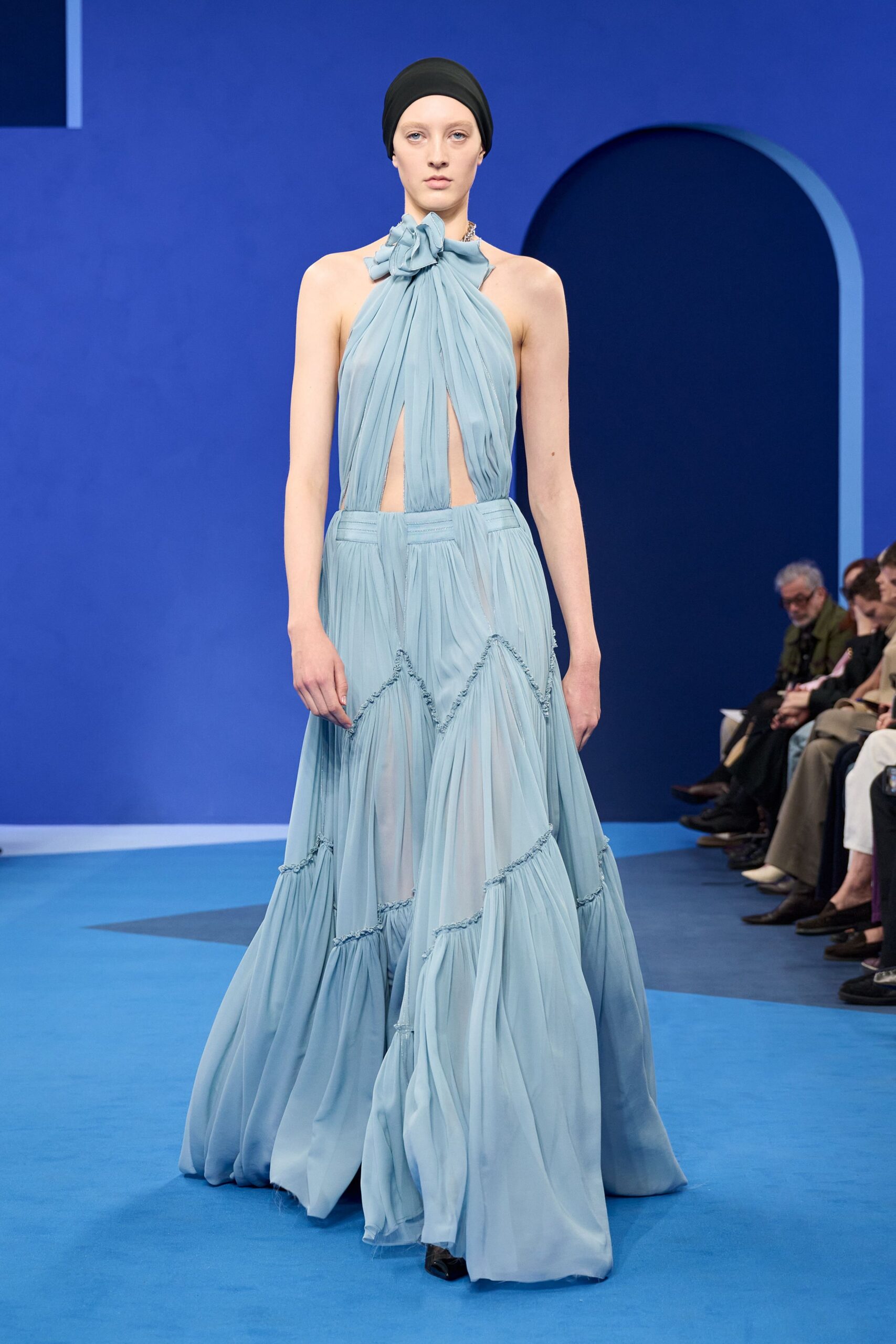 blue chiffon halter gown