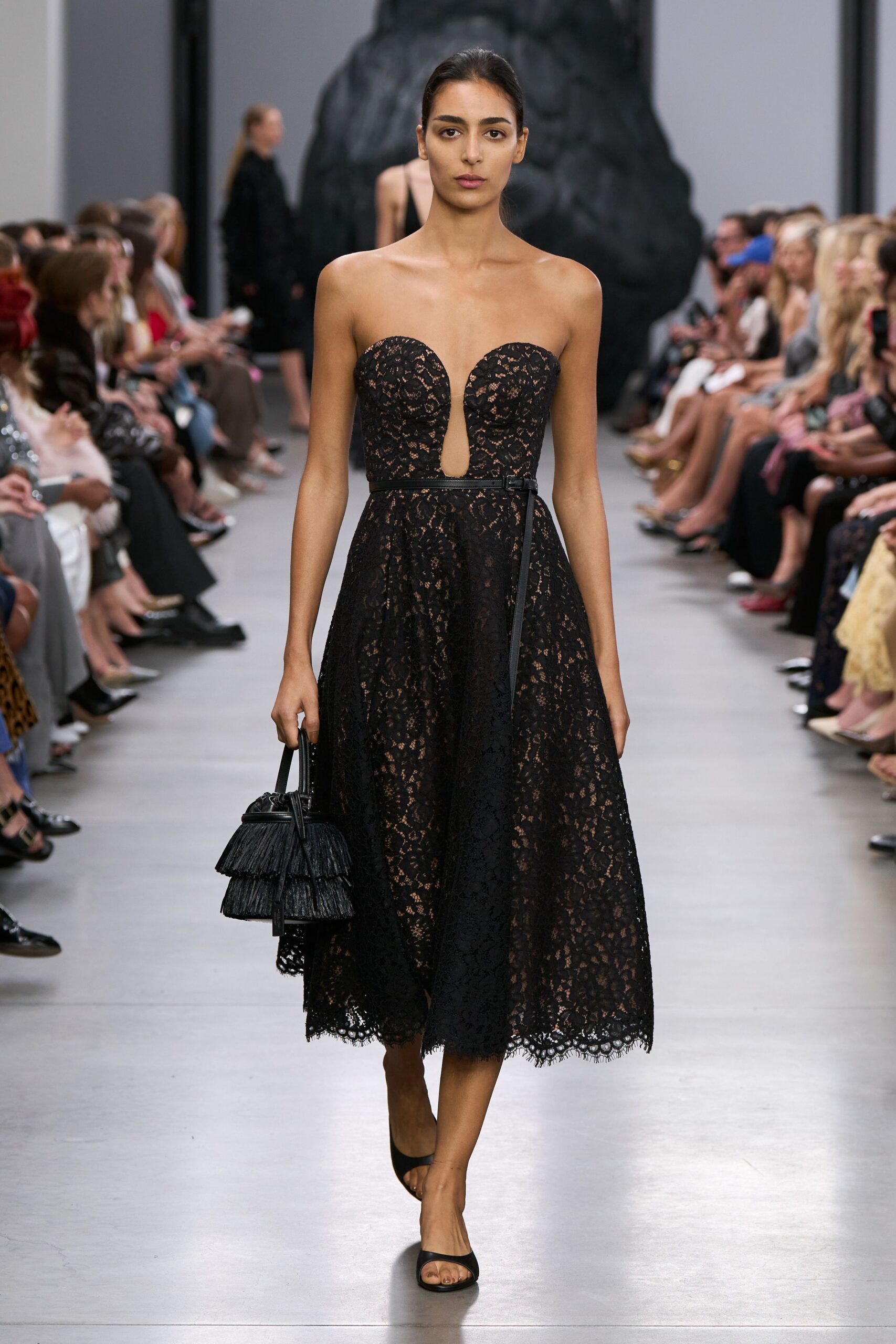 black lace strapless v-neck fitted pleated a-line dress