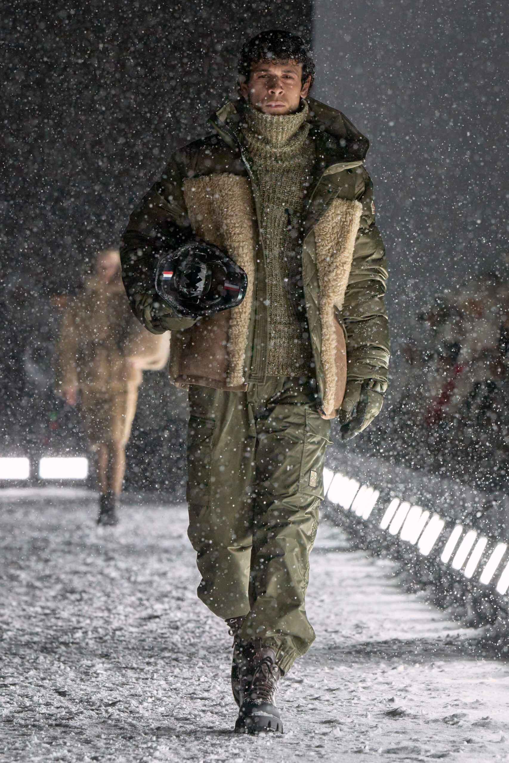 green faux-fur jacket with cargo pants