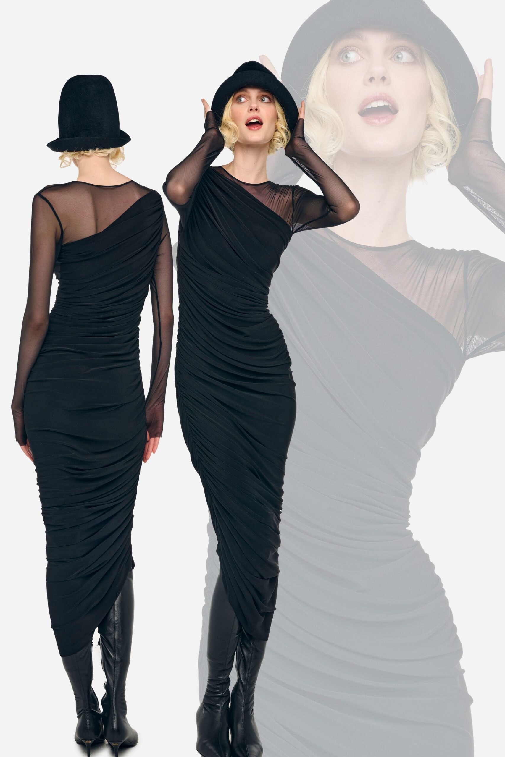 black fitted ruched dress with hat and boots