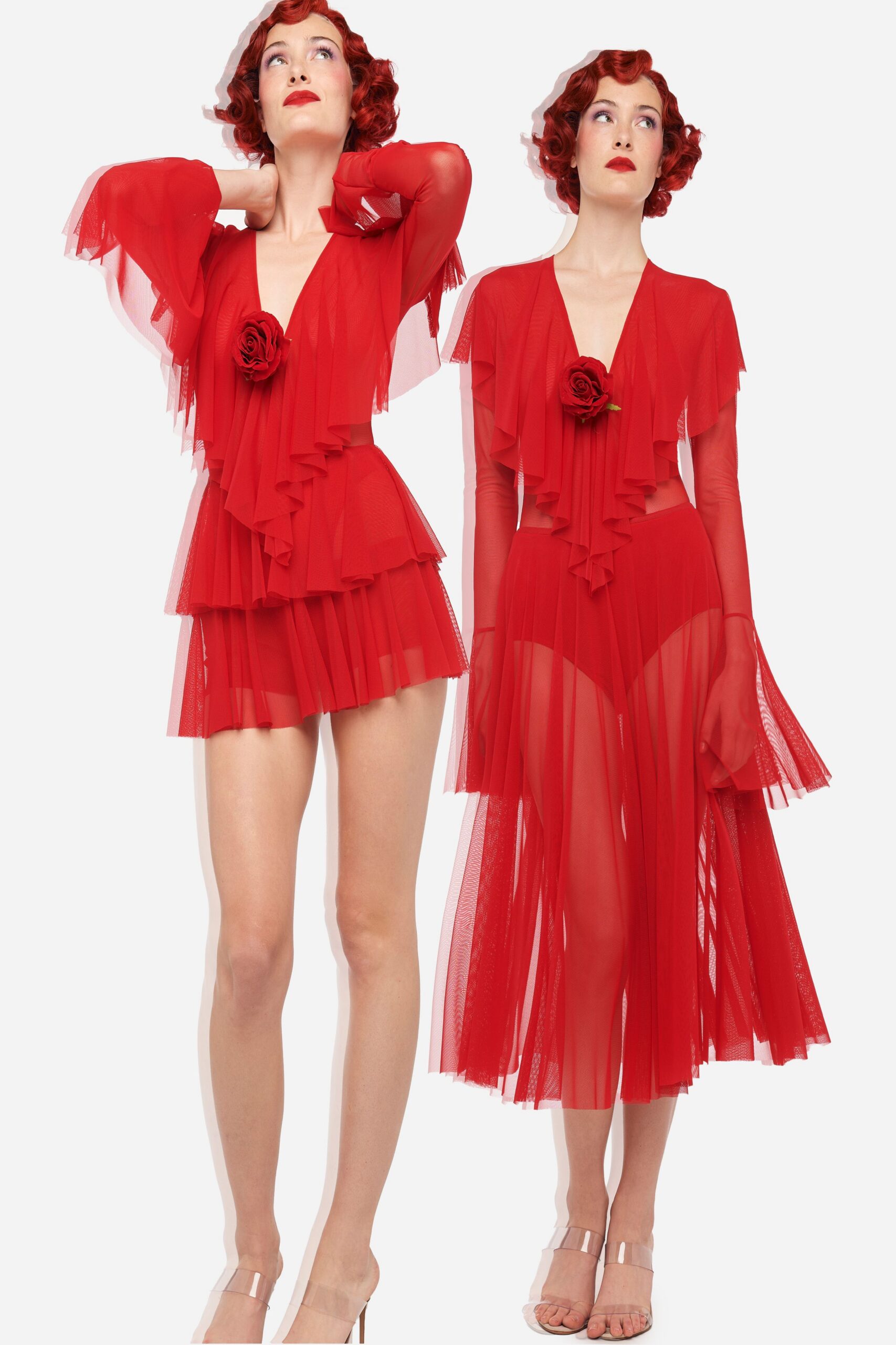red tulle long-sleeve v-neck fitted ruffled layered dress