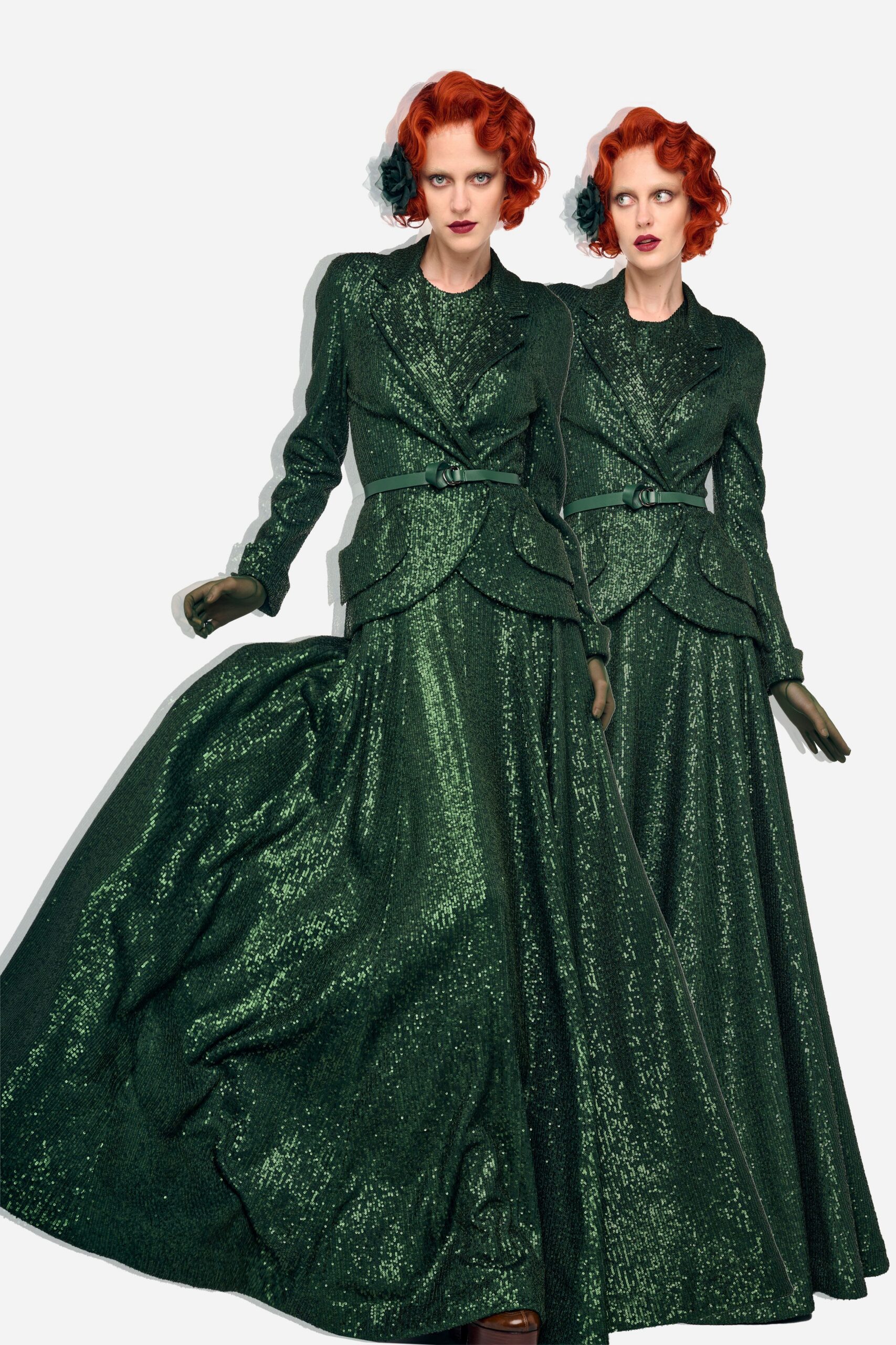green silk long-sleeve v-neck fitted sequined layered gown