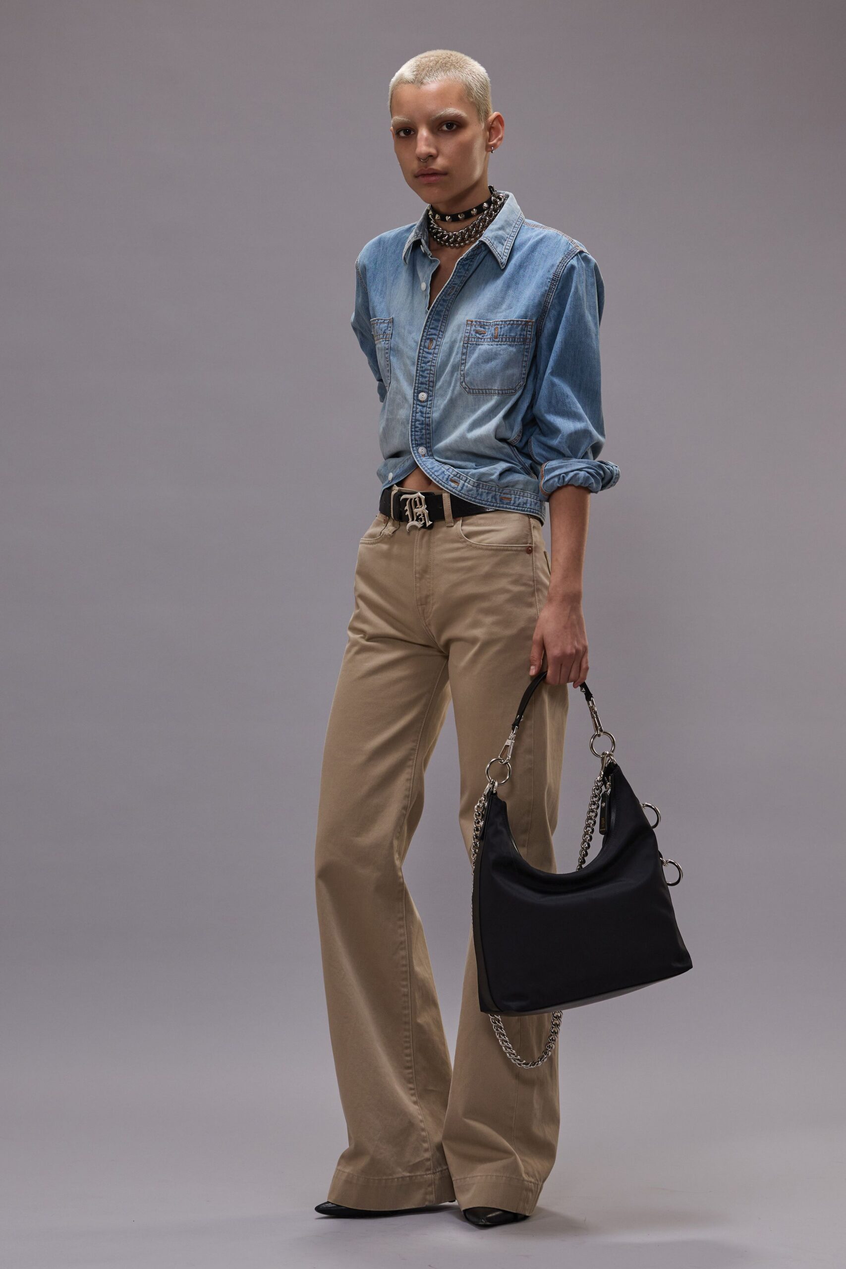 blue denim shirt beige wide-leg pants