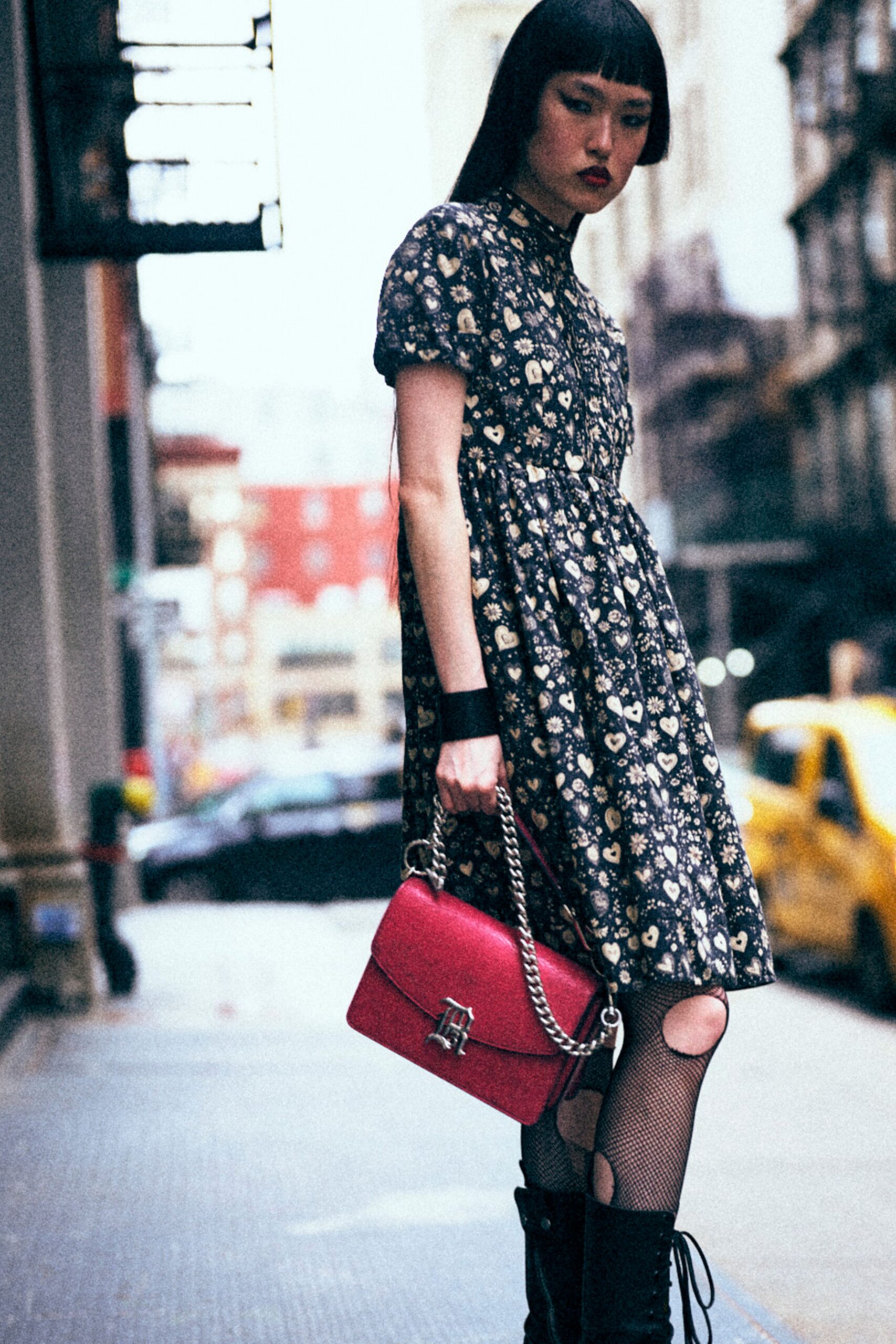 black cotton short-sleeve collared fitted flared printed dress
