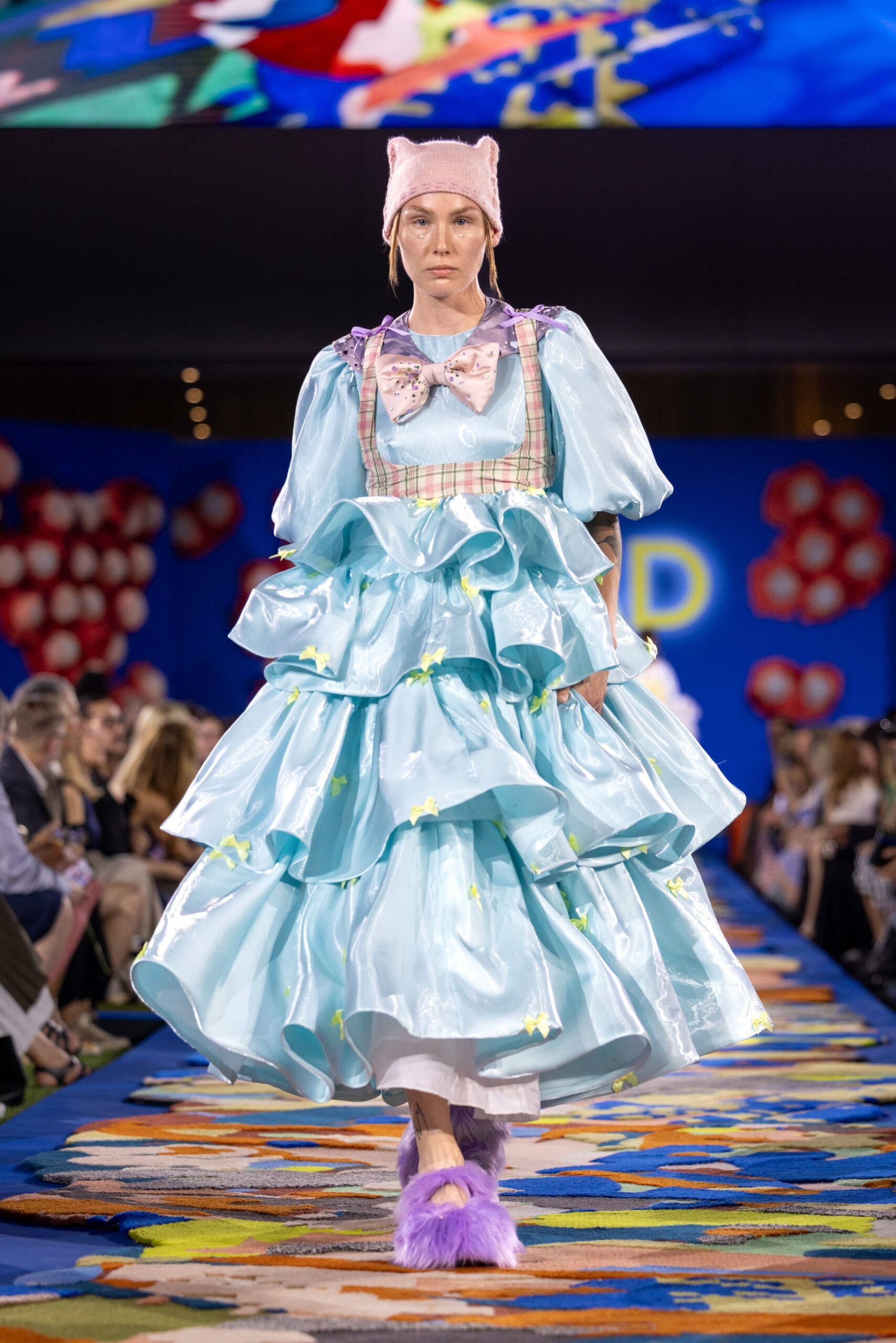 blue satin tiered dress
