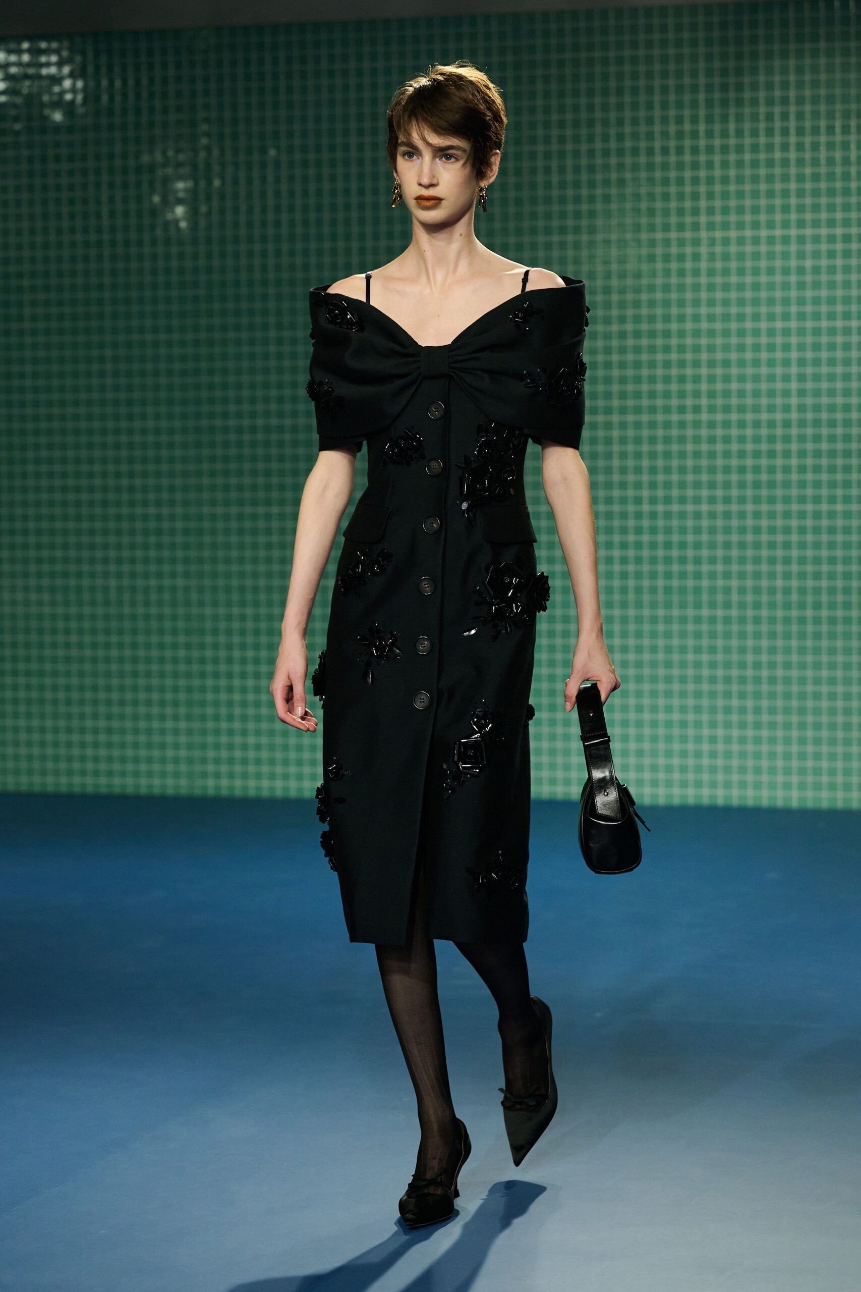 black cotton off-shoulder fitted buttoned embroidered midi dress