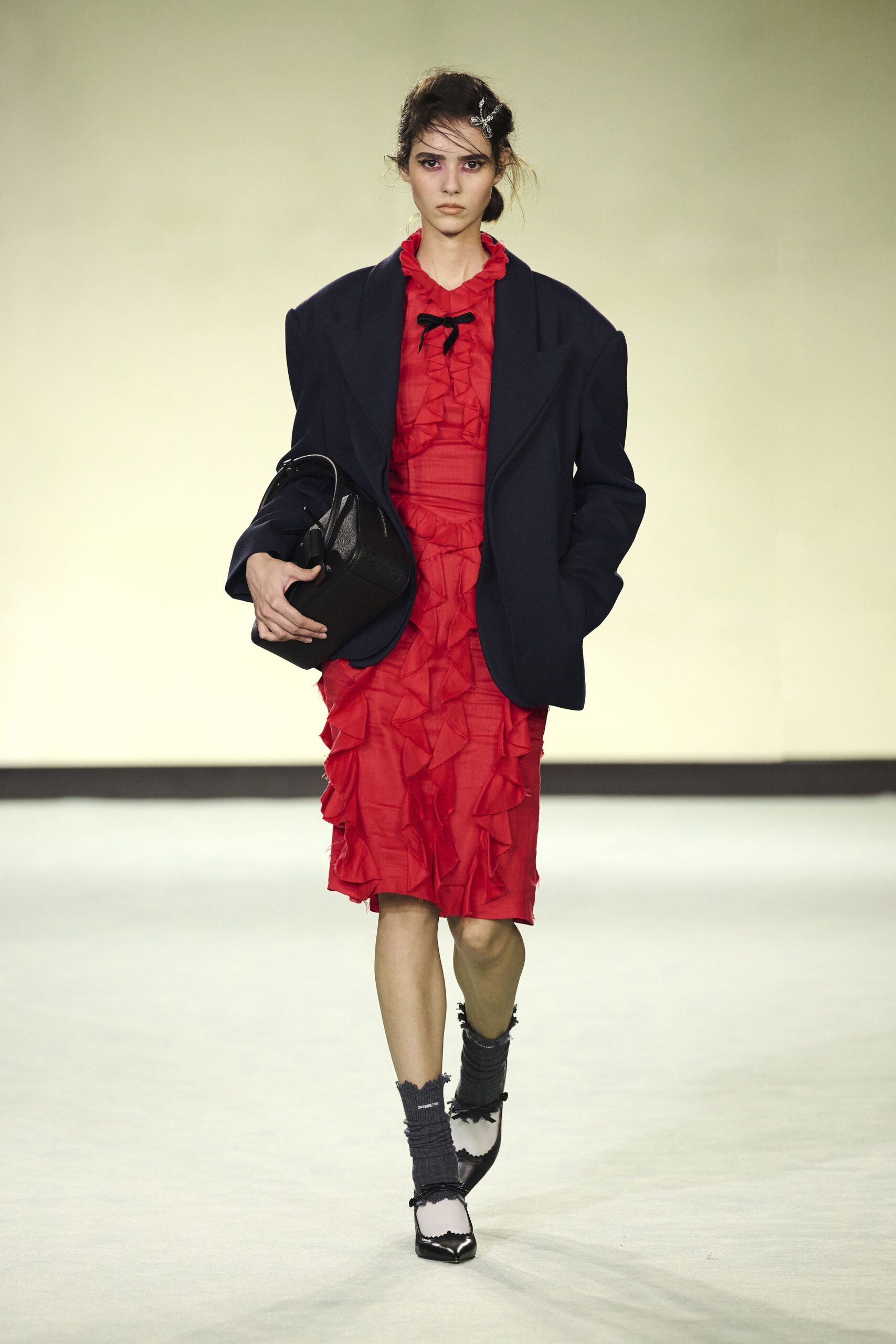 red cotton long-sleeve v-neck fitted ruffled midi dress
