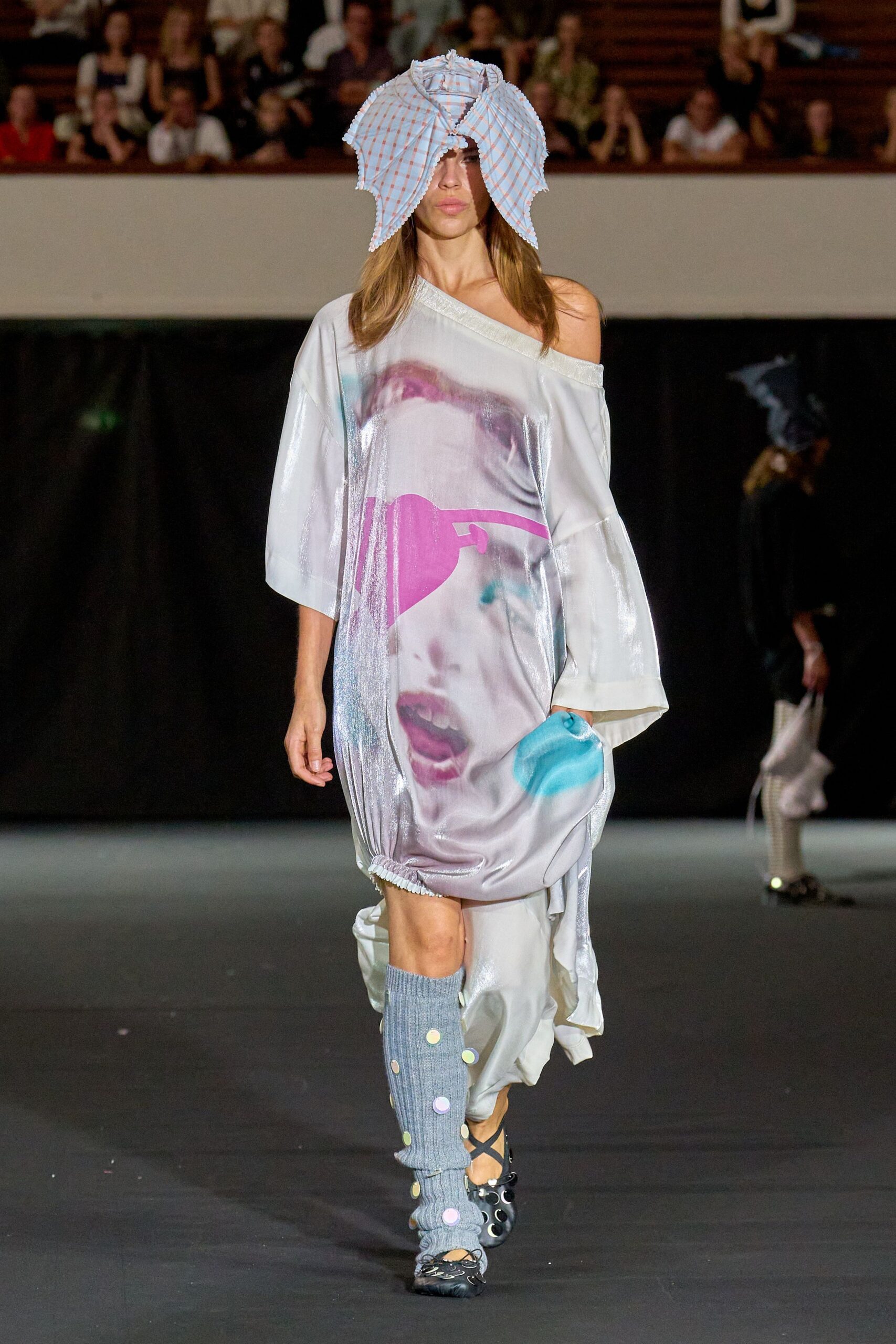 white silk sleeveless off-shoulder relaxed printed draped dress