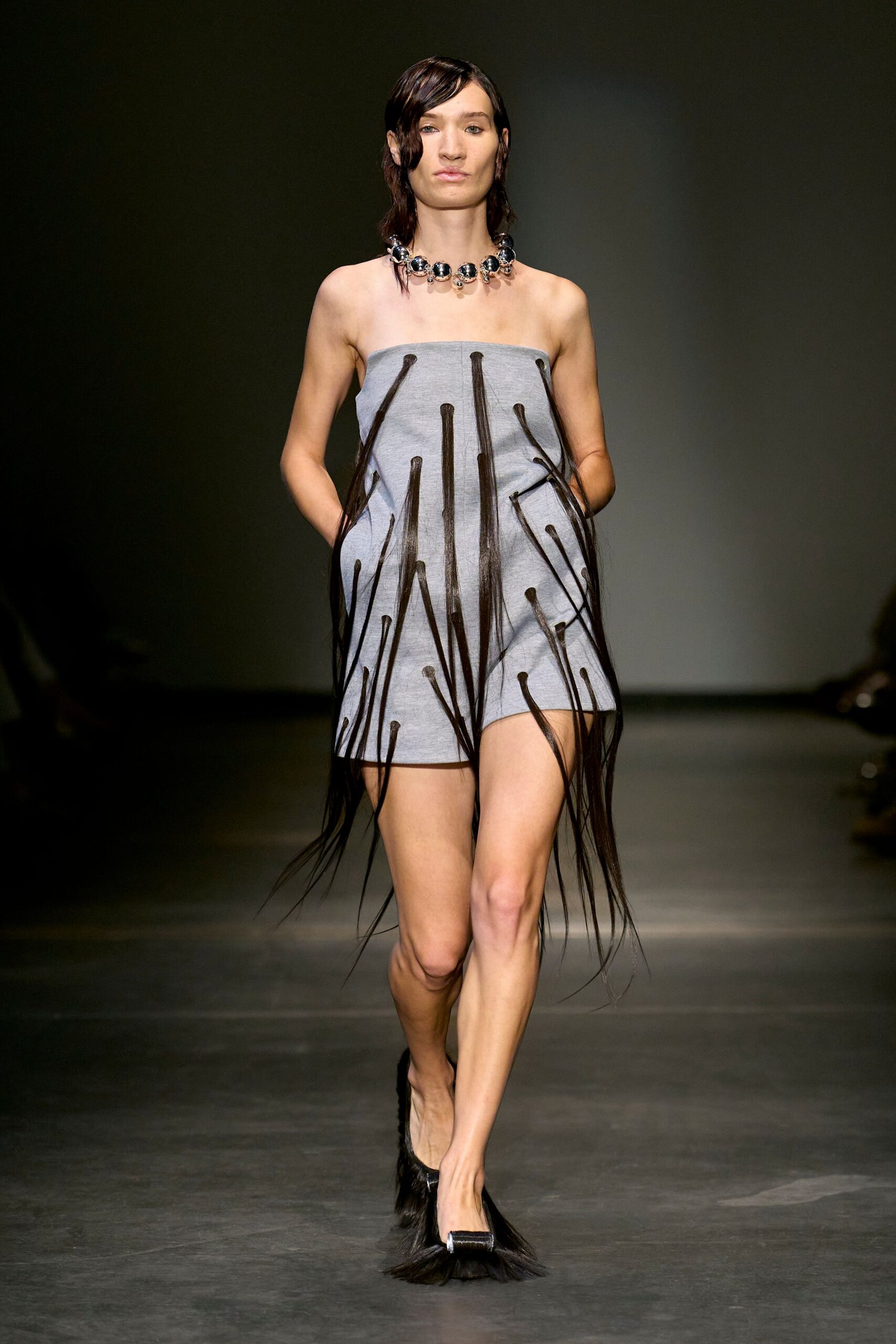 gray cotton strapless fitted pleated fringed romper