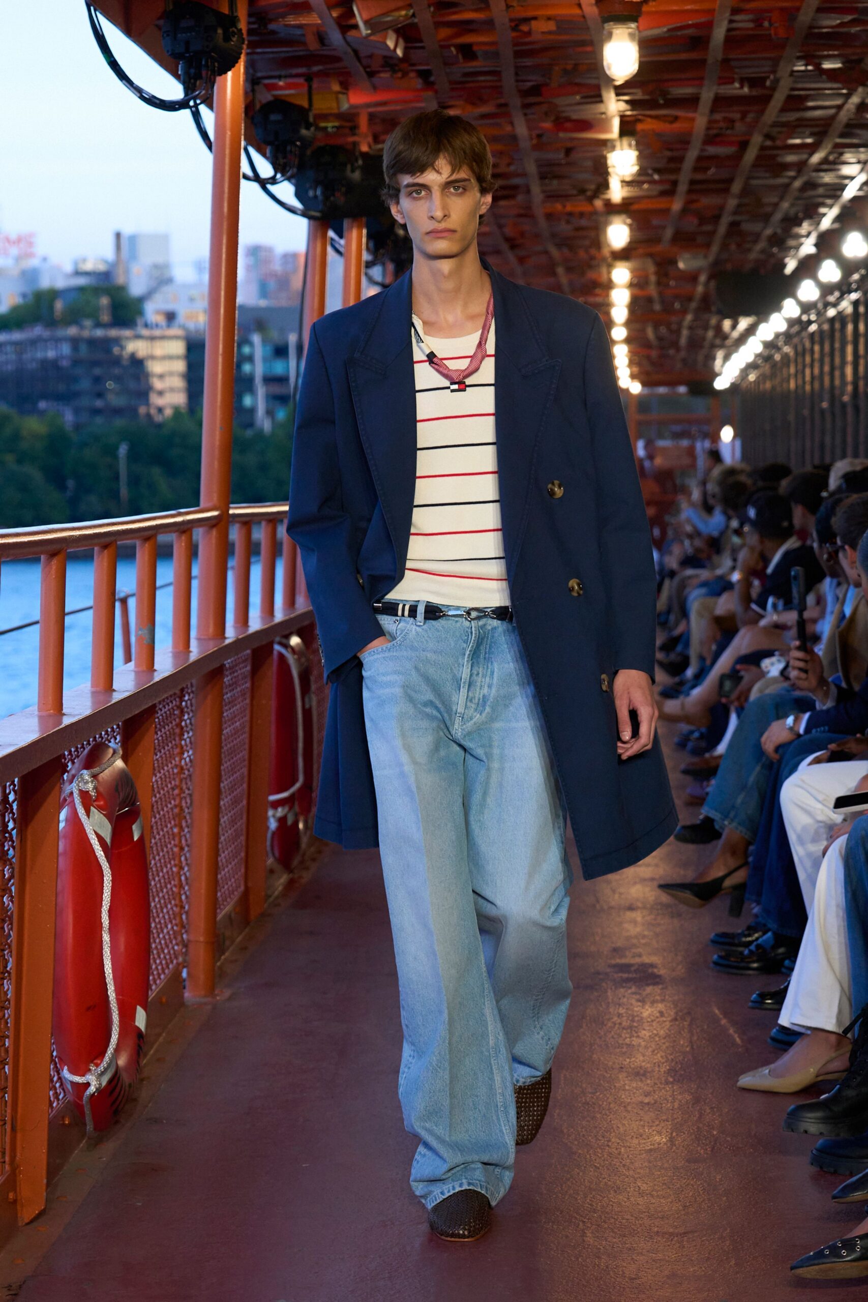 blue cotton long-sleeve collared relaxed buttoned coat