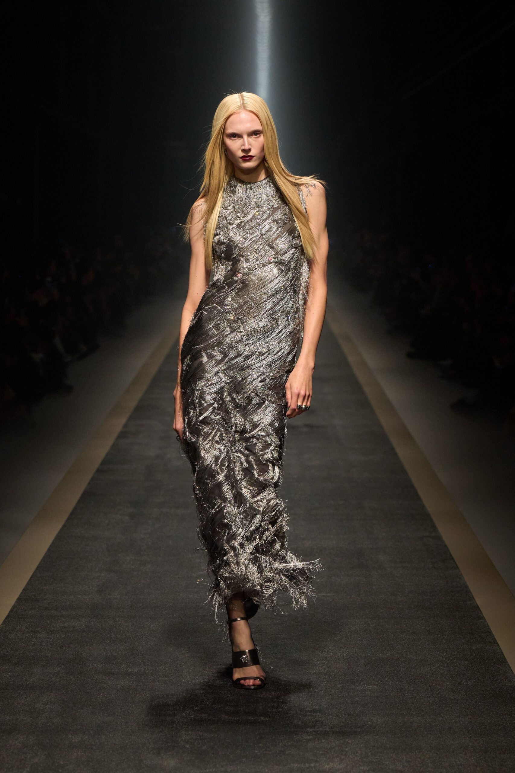 gray silk fringed gown with heels