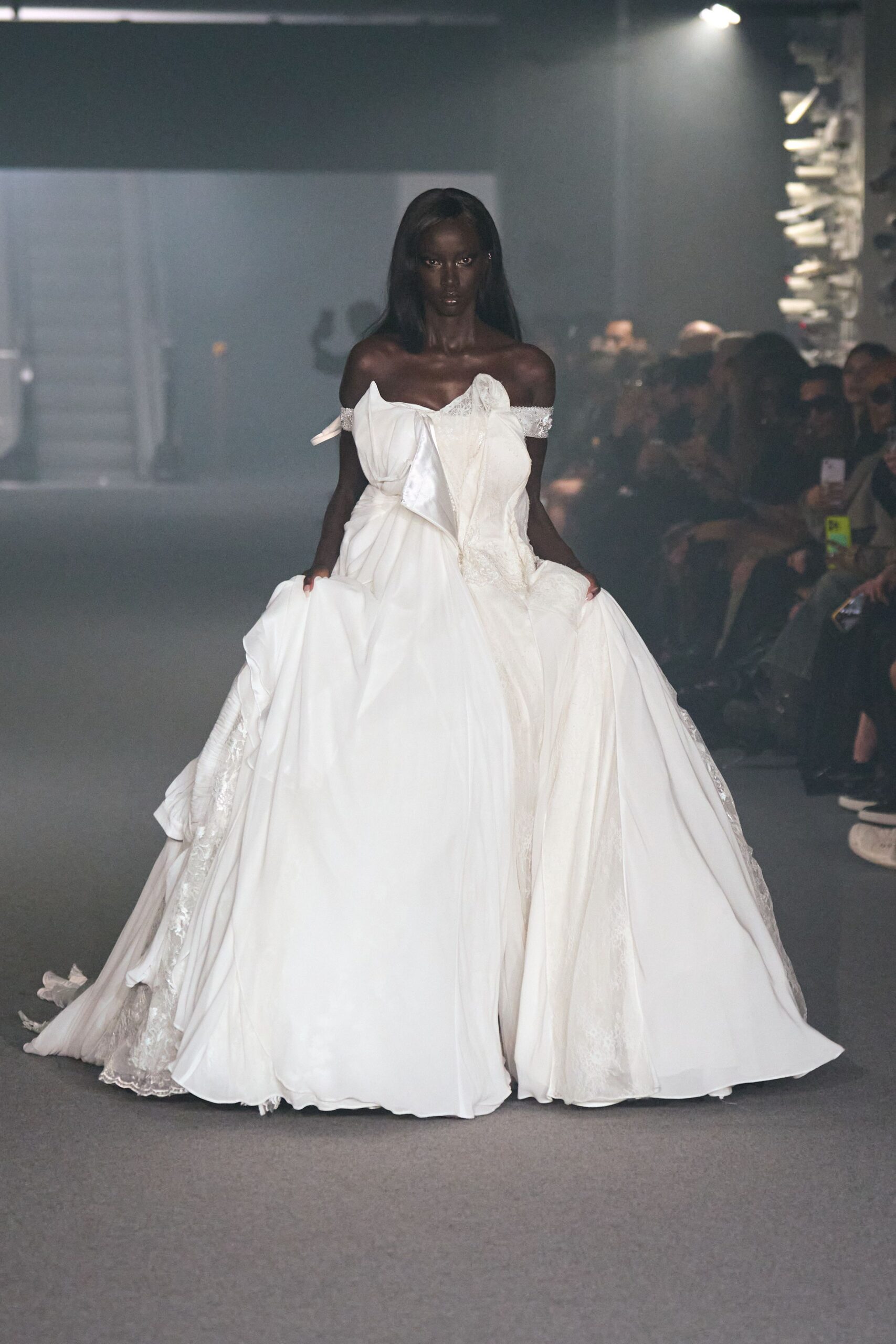 white silk off-shoulder gown