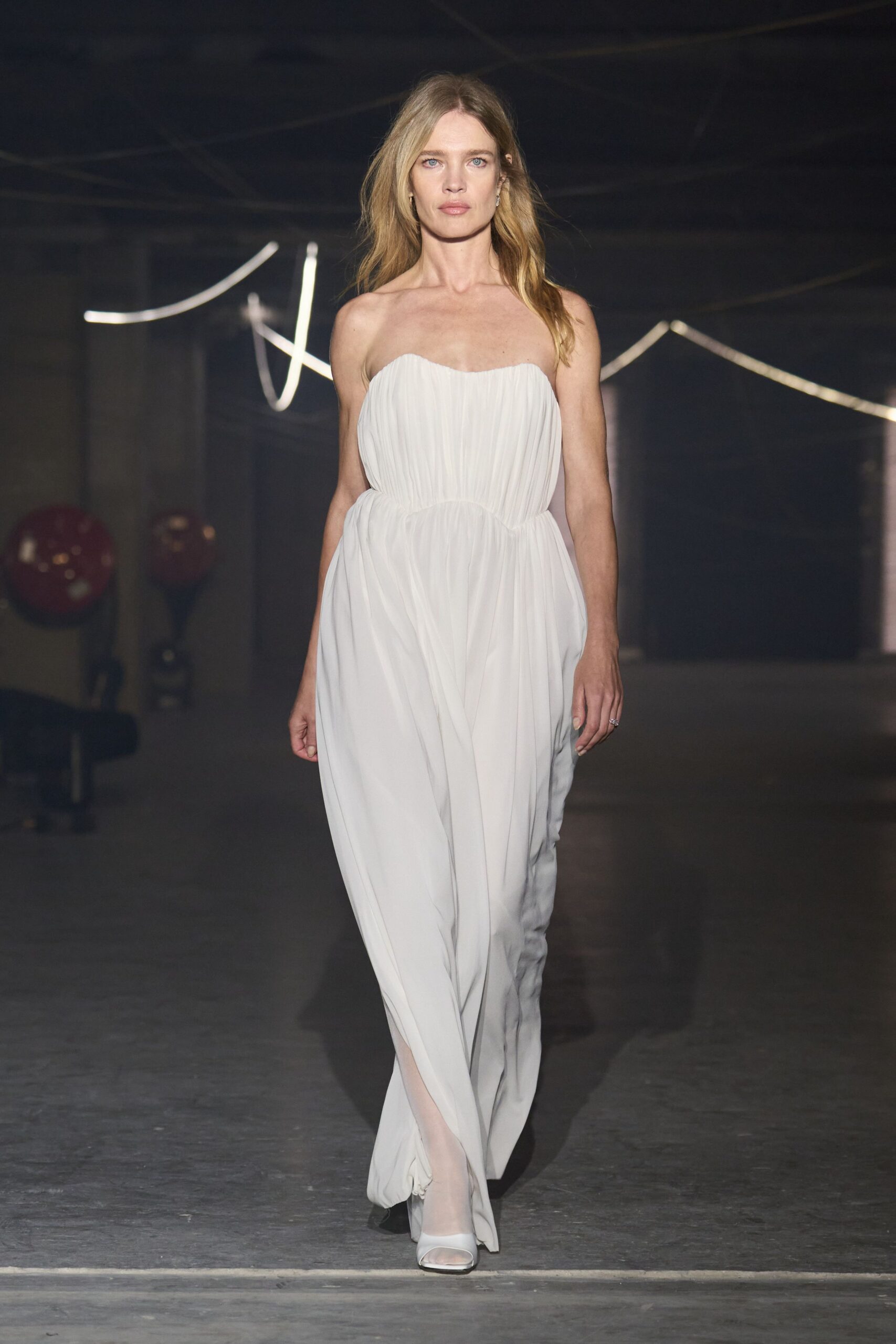 white silk strapless slit fitted pleated maxi gown