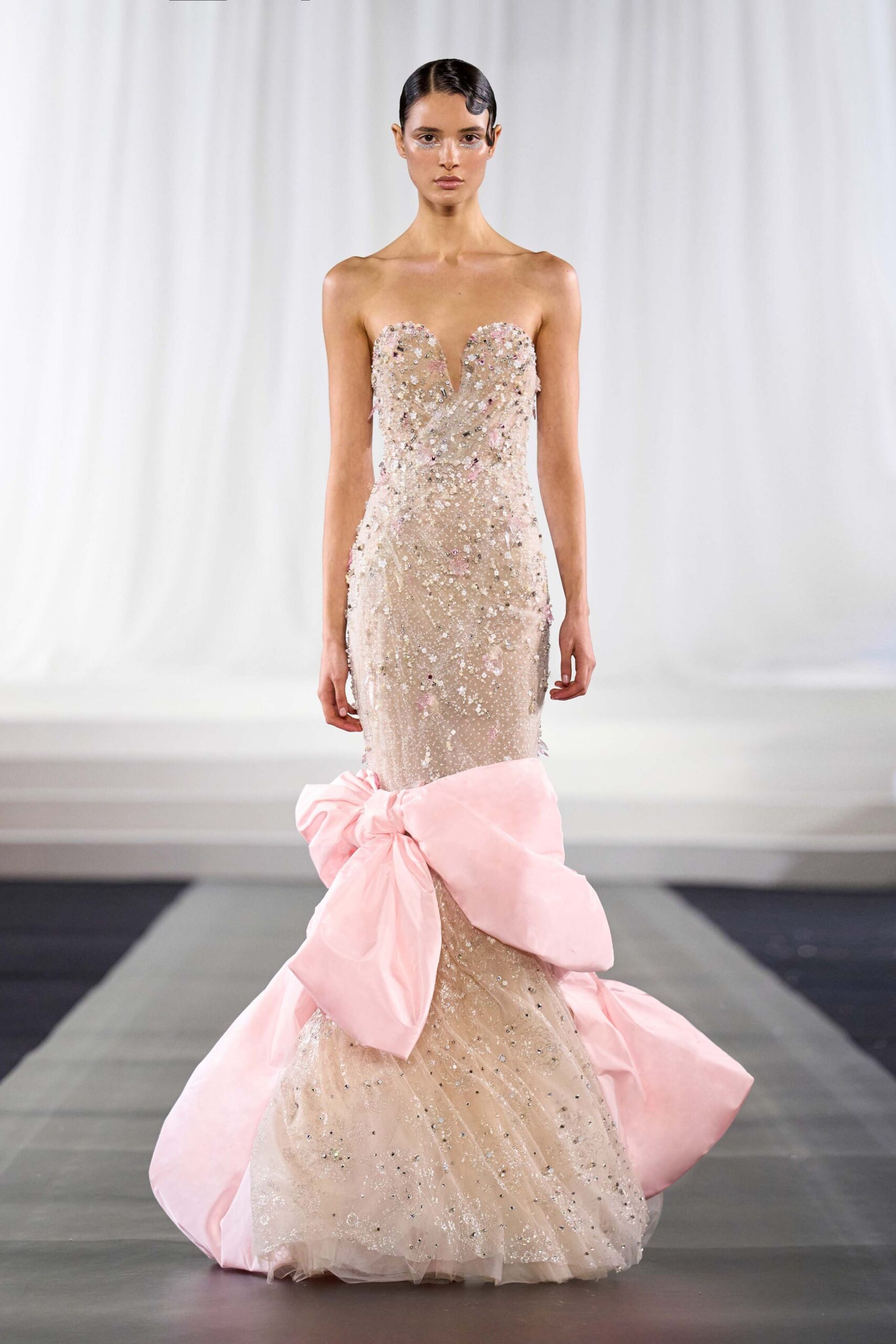 pink beaded strapless gown
