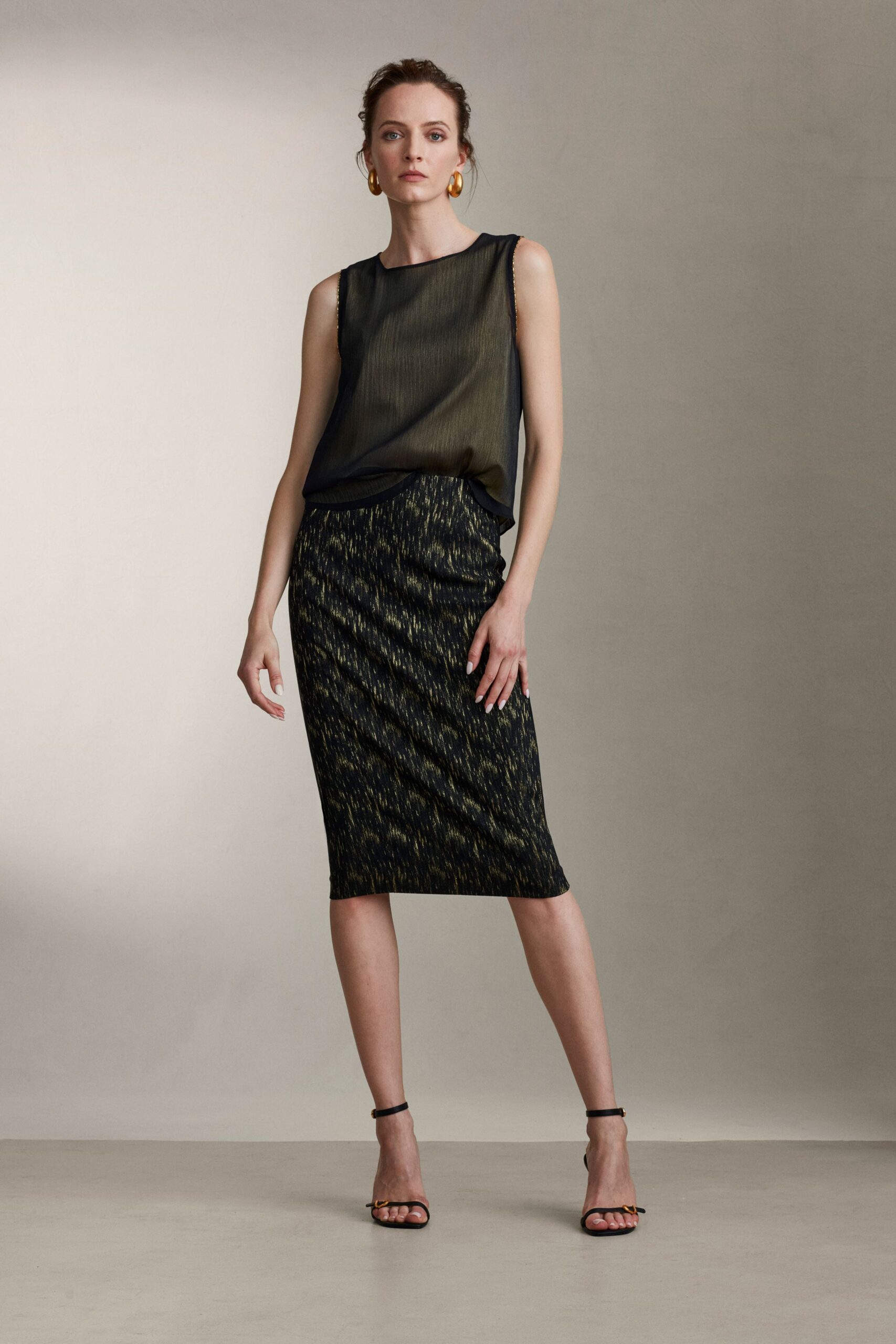black silk sleeveless high-neck fitted pleated sheer top