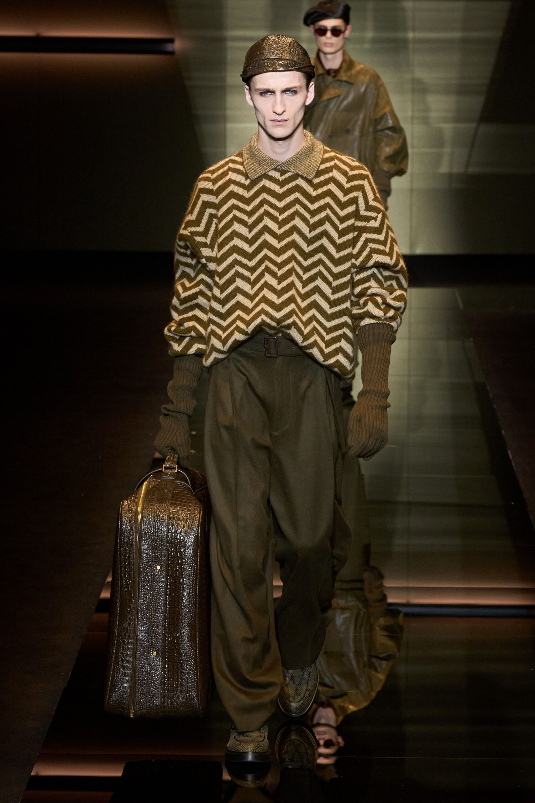 brown zigzag sweater with relaxed pants