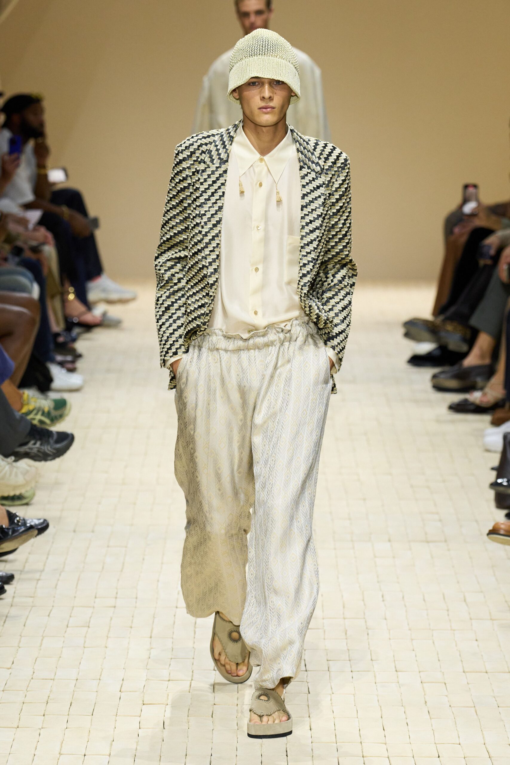 checked blazer with relaxed pants