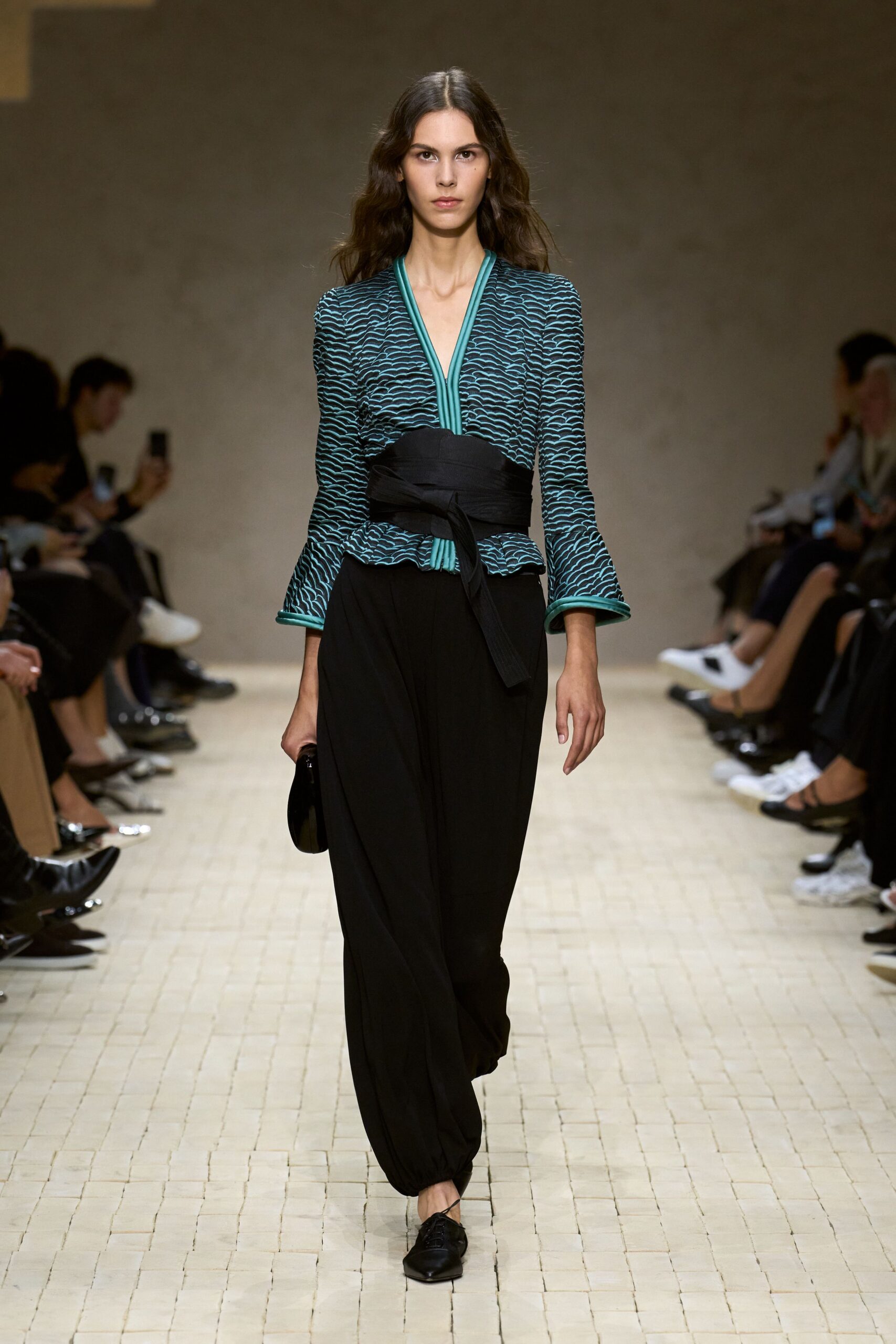 teal silk long-sleeve v-neck fitted printed ruffled top
