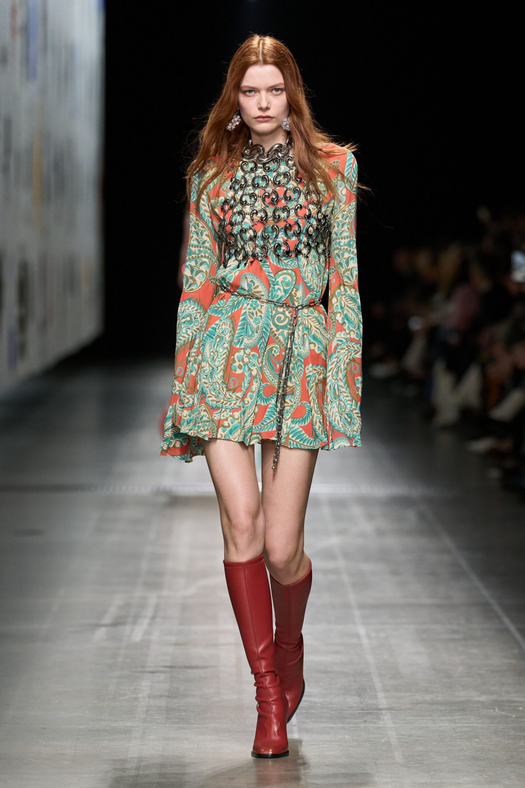 red silk long-sleeve collared fitted flared printed dress