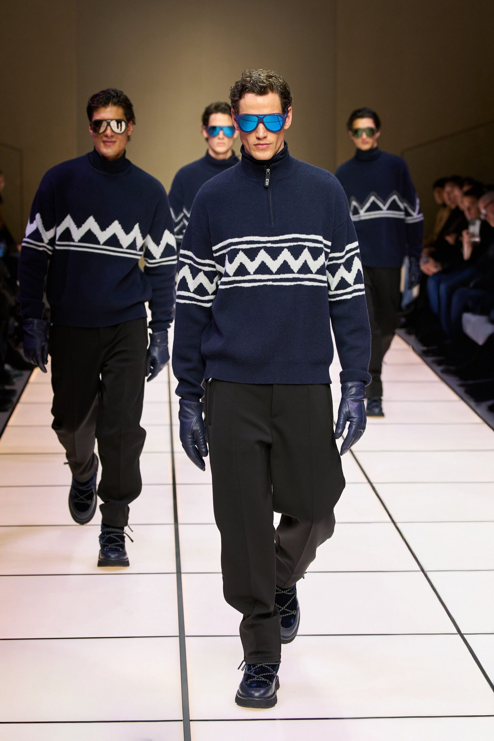 blue wool long-sleeve high-neck fitted printed sweater