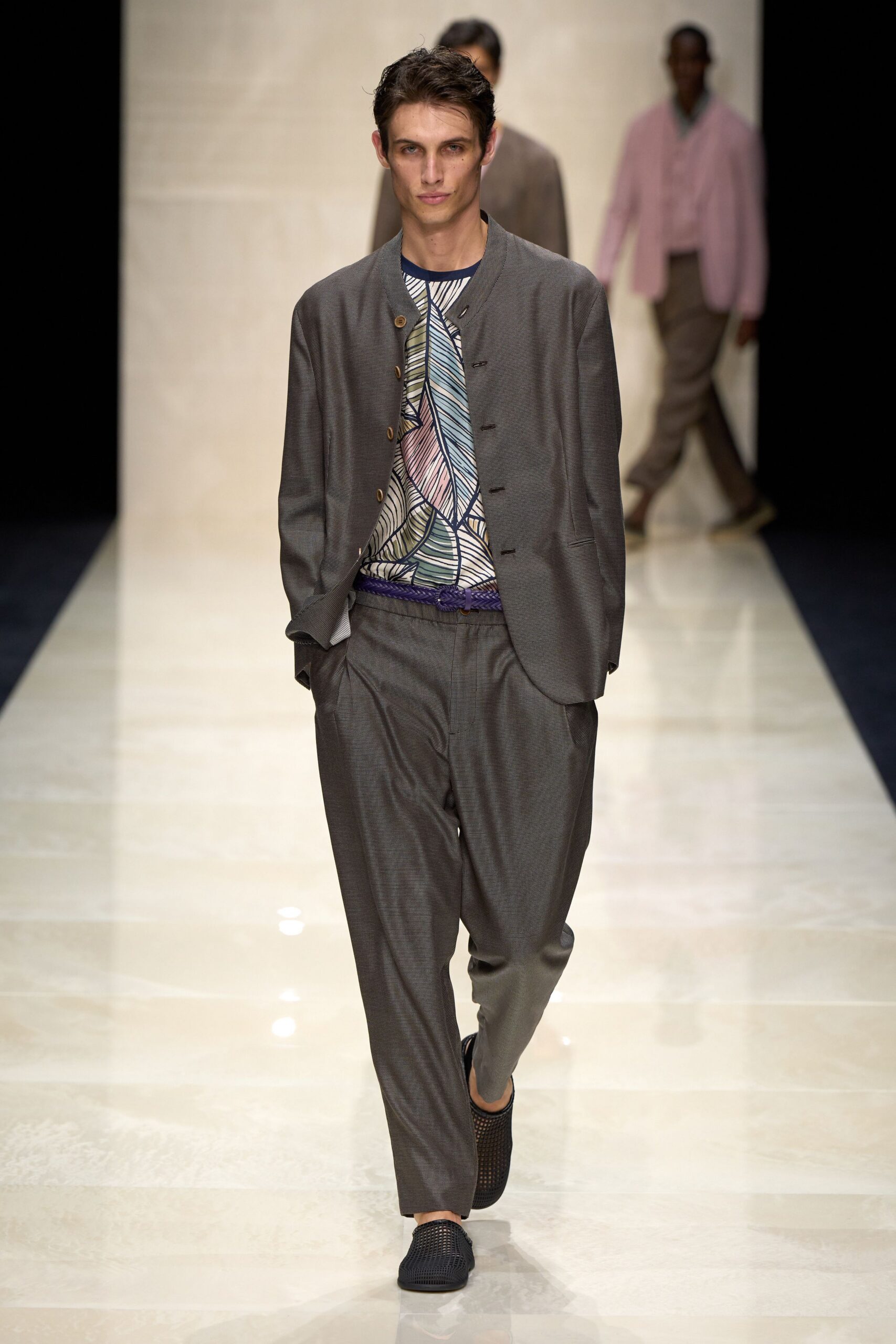 gray tailored blazer with multi shirt