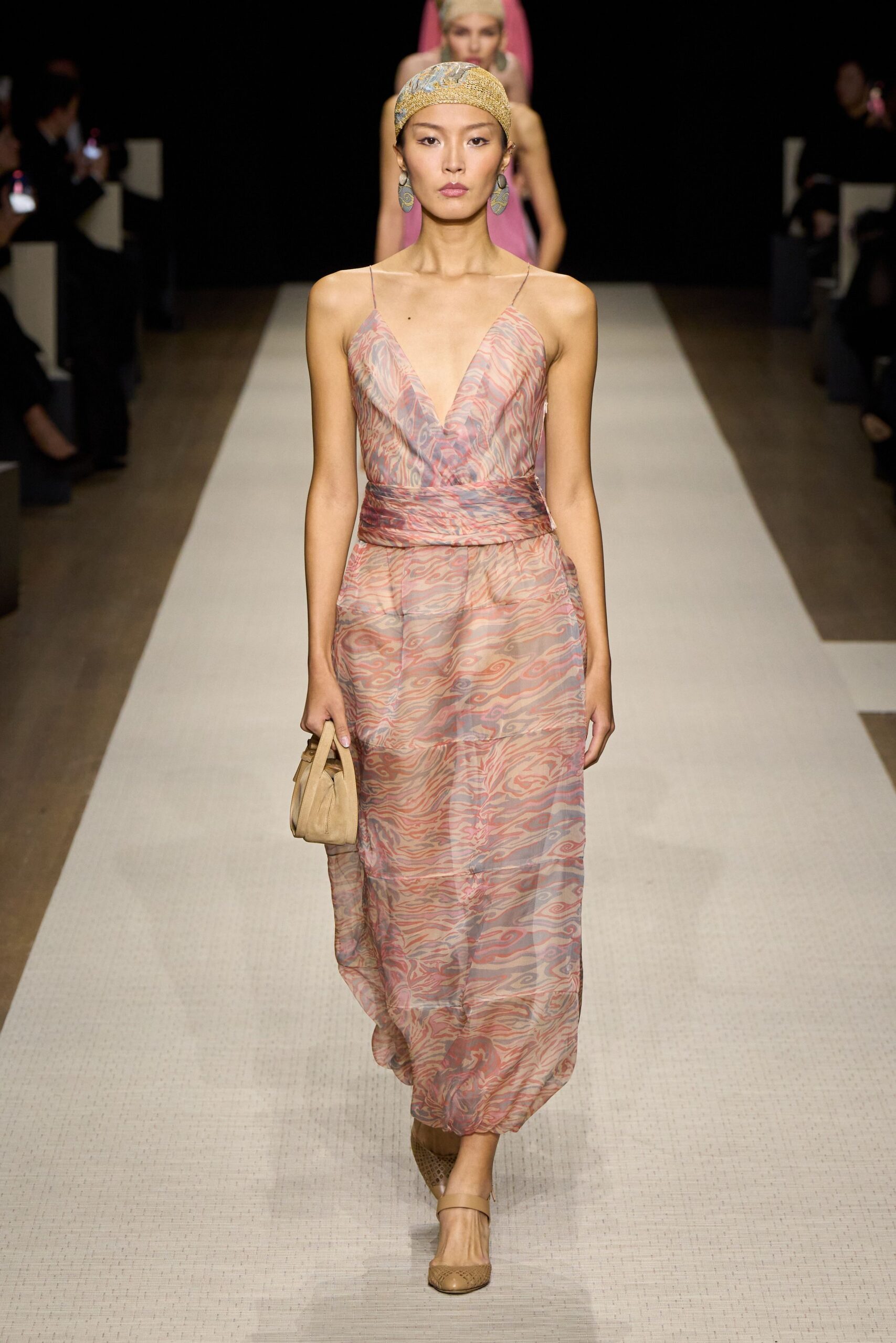 pink silk sleeveless v-neck fitted draped flowing dress