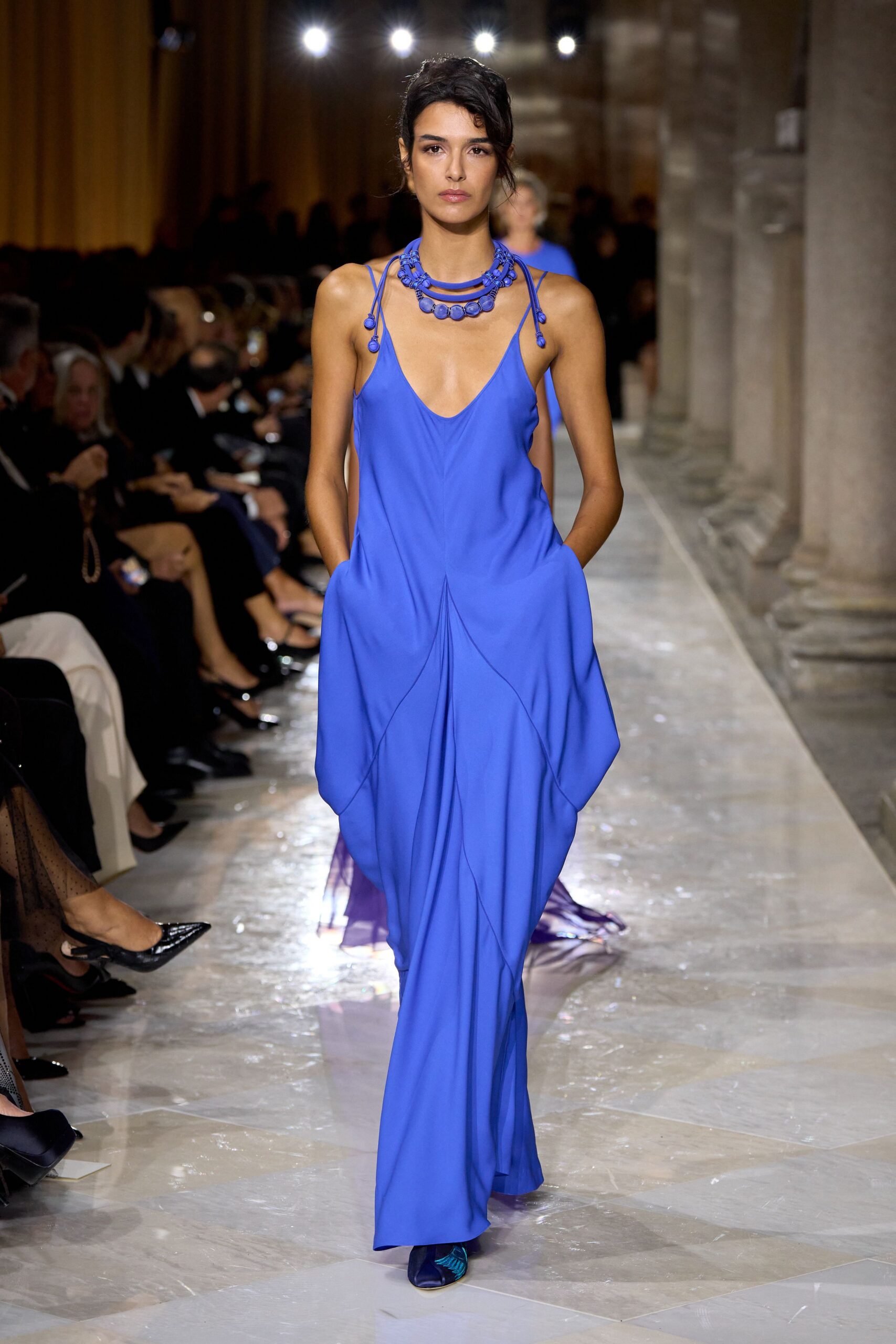 blue silk sleeveless gown