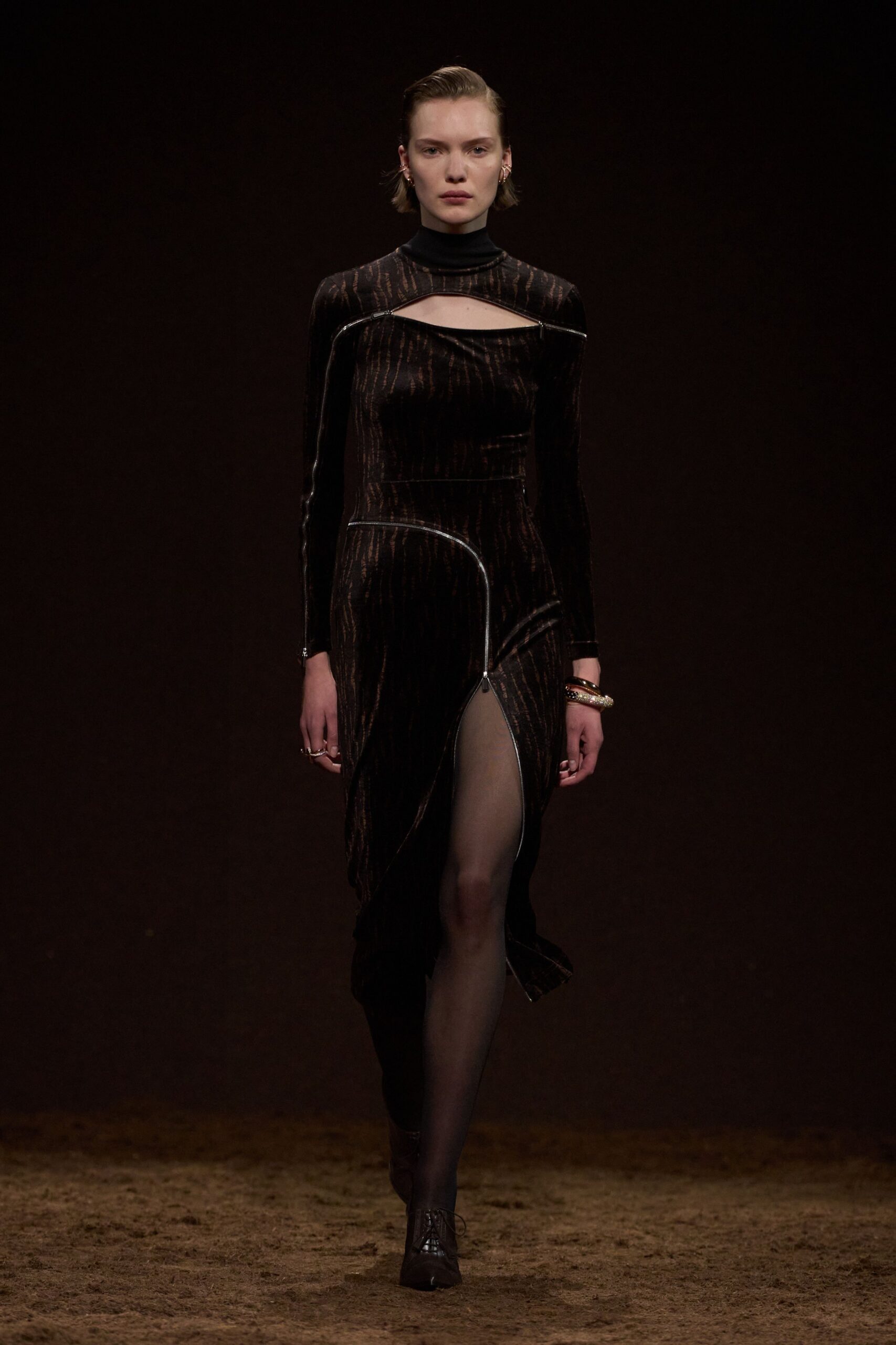 black velvet long-sleeve high-neck fitted zippered shiny dress