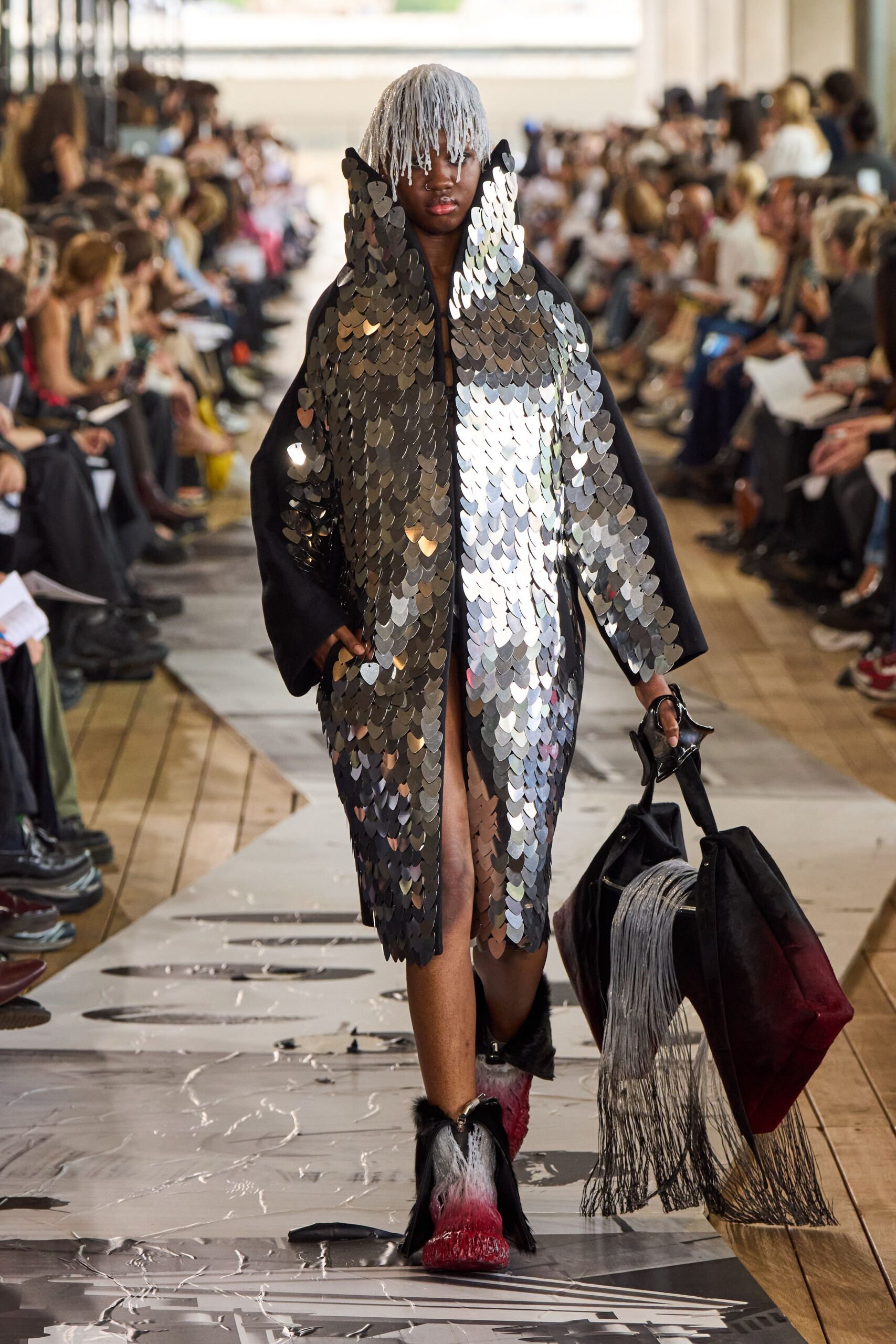 black metallic long-sleeve collared relaxed layered fringed coat