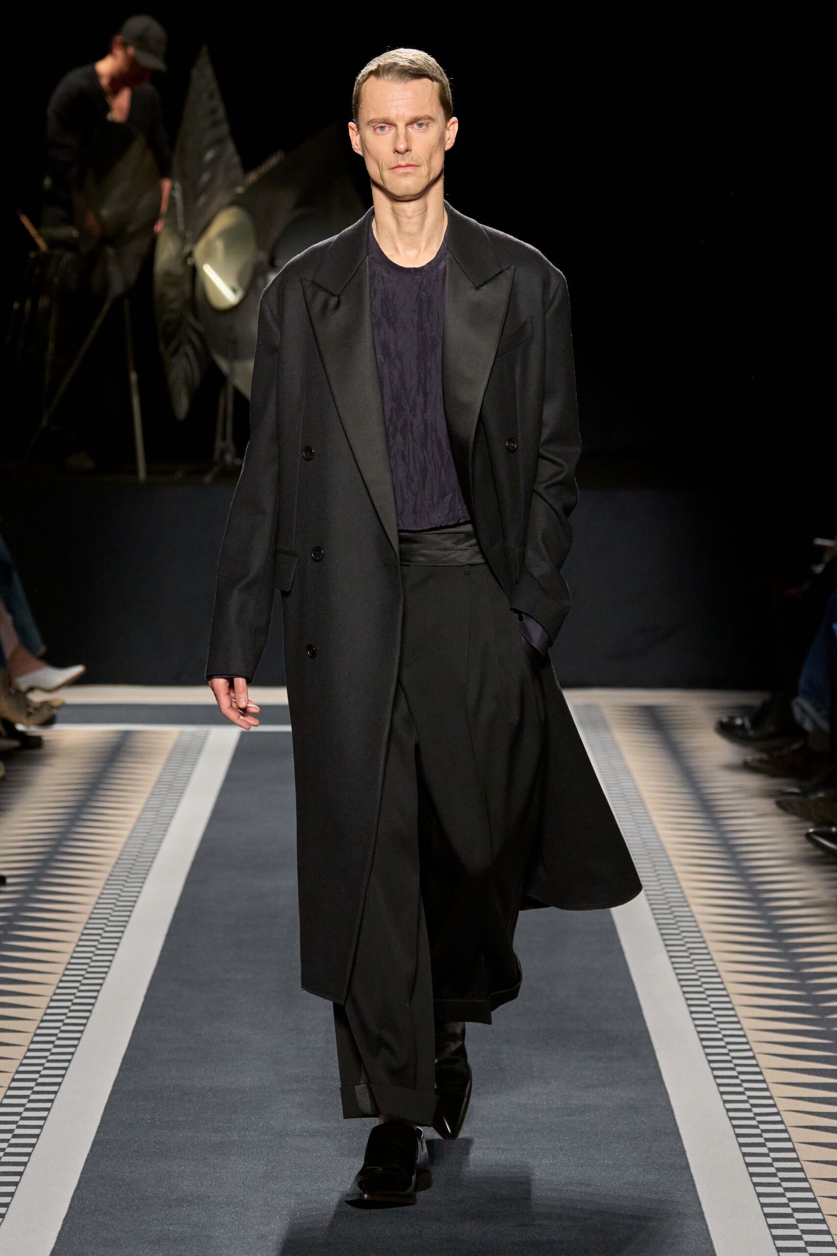 black wool coat with purple top