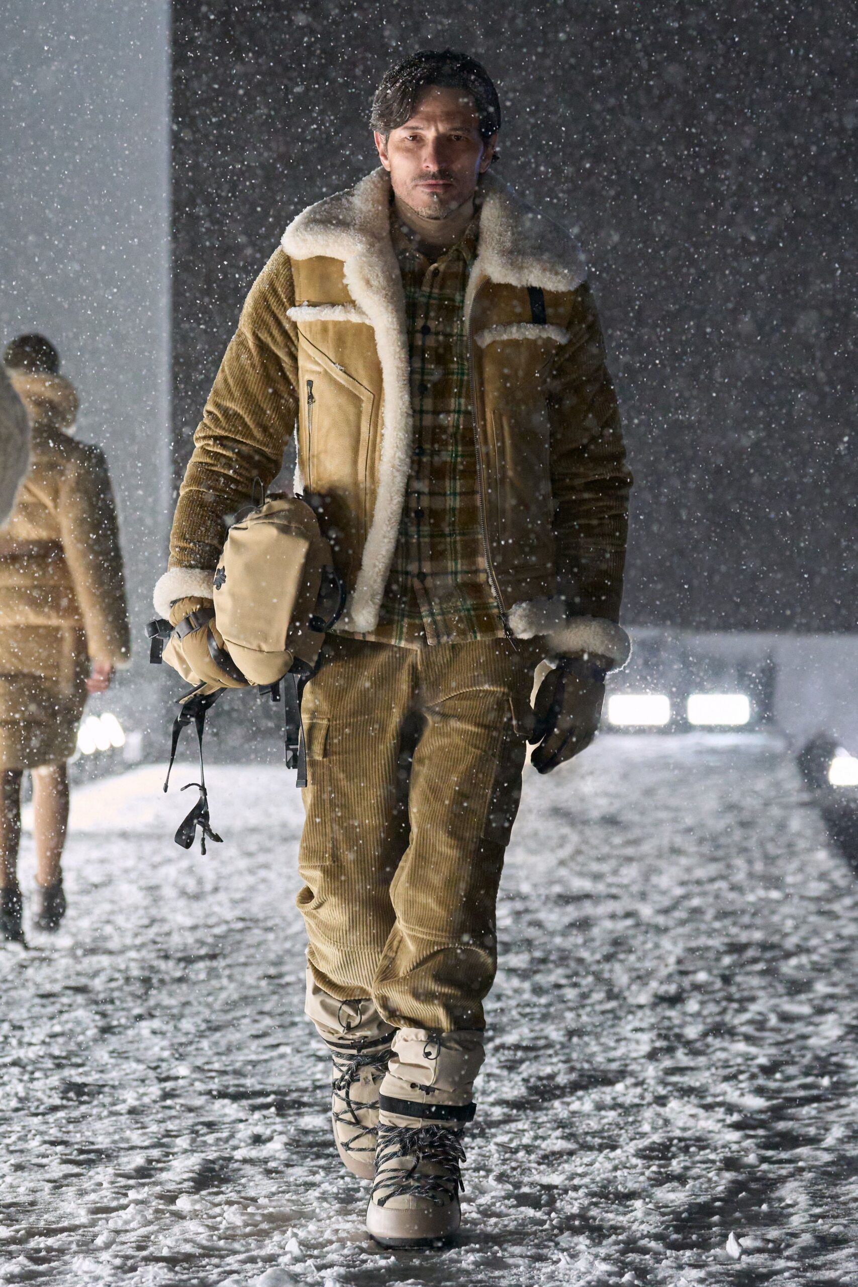 brown faux-fur jacket with checked shirt