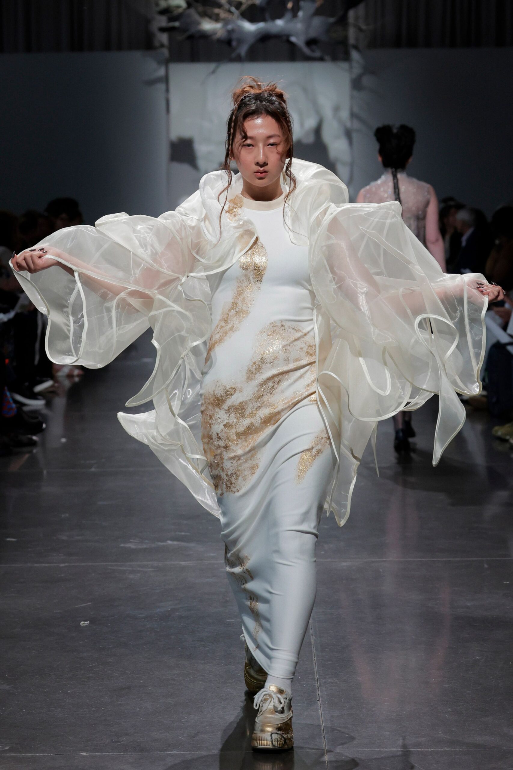 white silk long-sleeve high-neck fitted embroidered sheer dress
