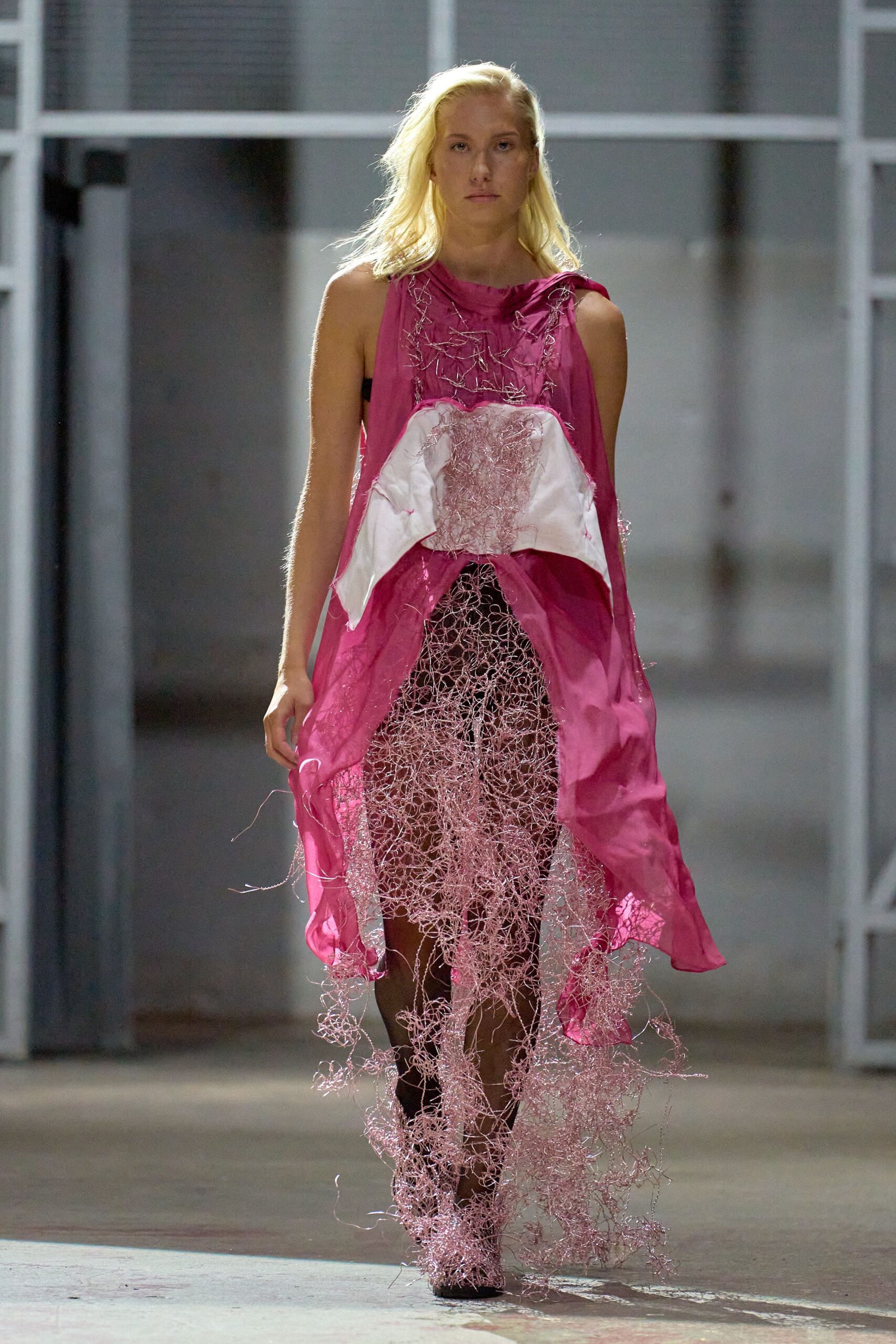 pink silk sleeveless high-neck fitted layered embroidered dress