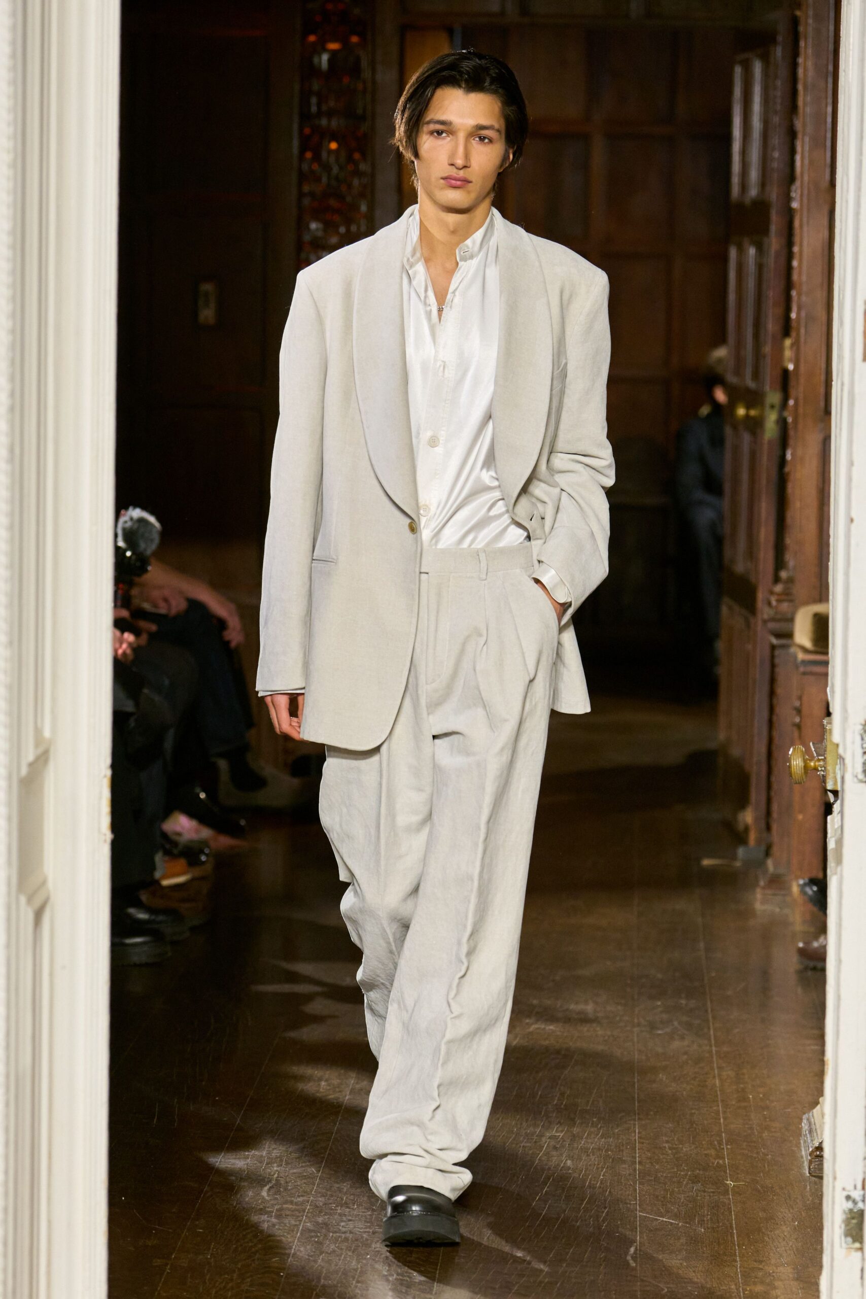 beige linen suit with white shirt